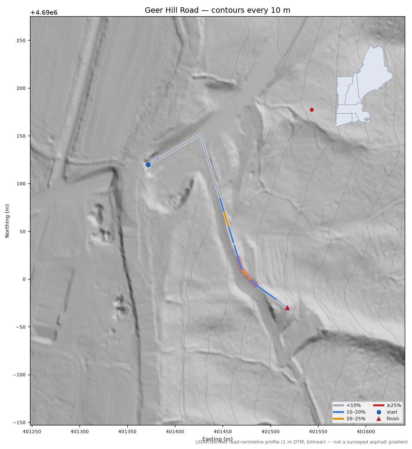 Geer Hill Road LiDAR hillshade map with contours