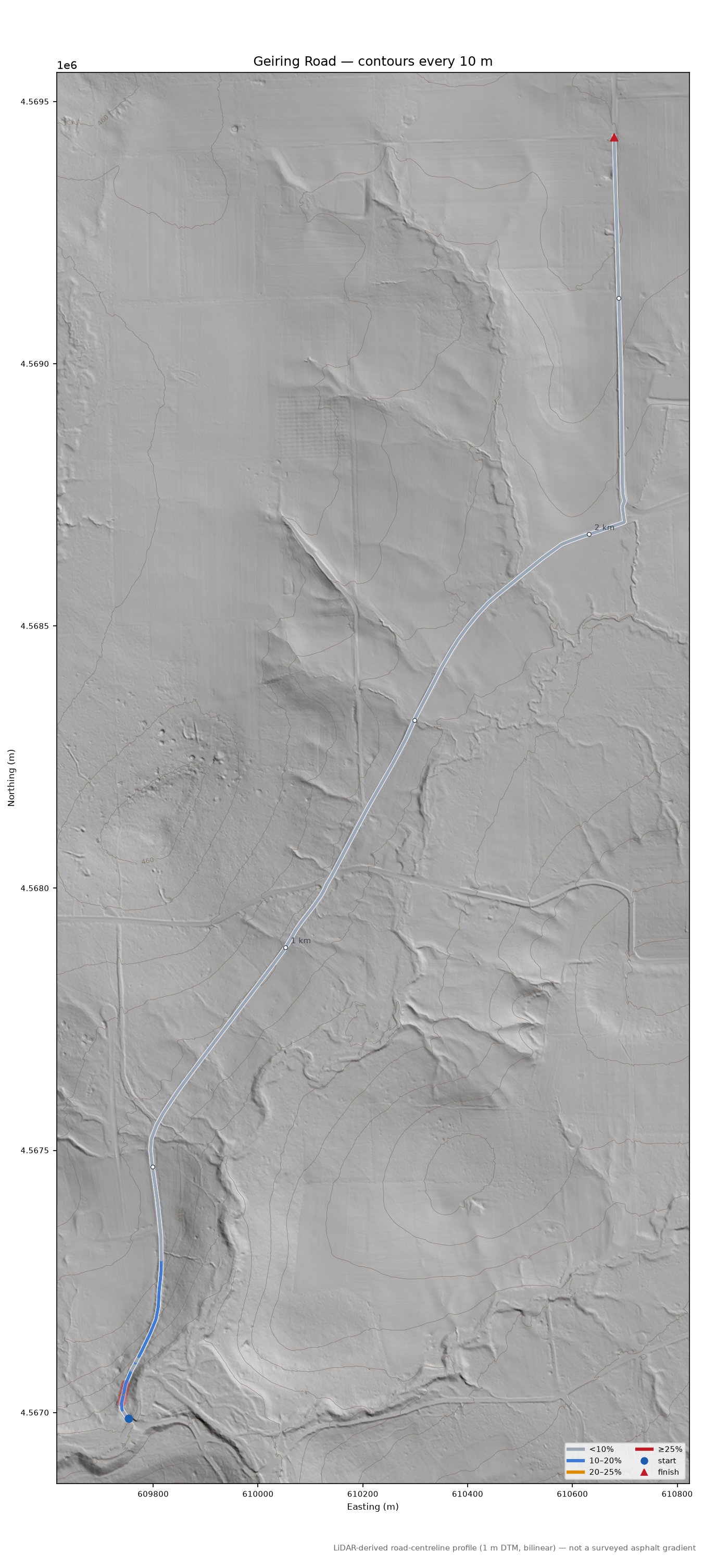 Geiring Road LiDAR hillshade map with contours