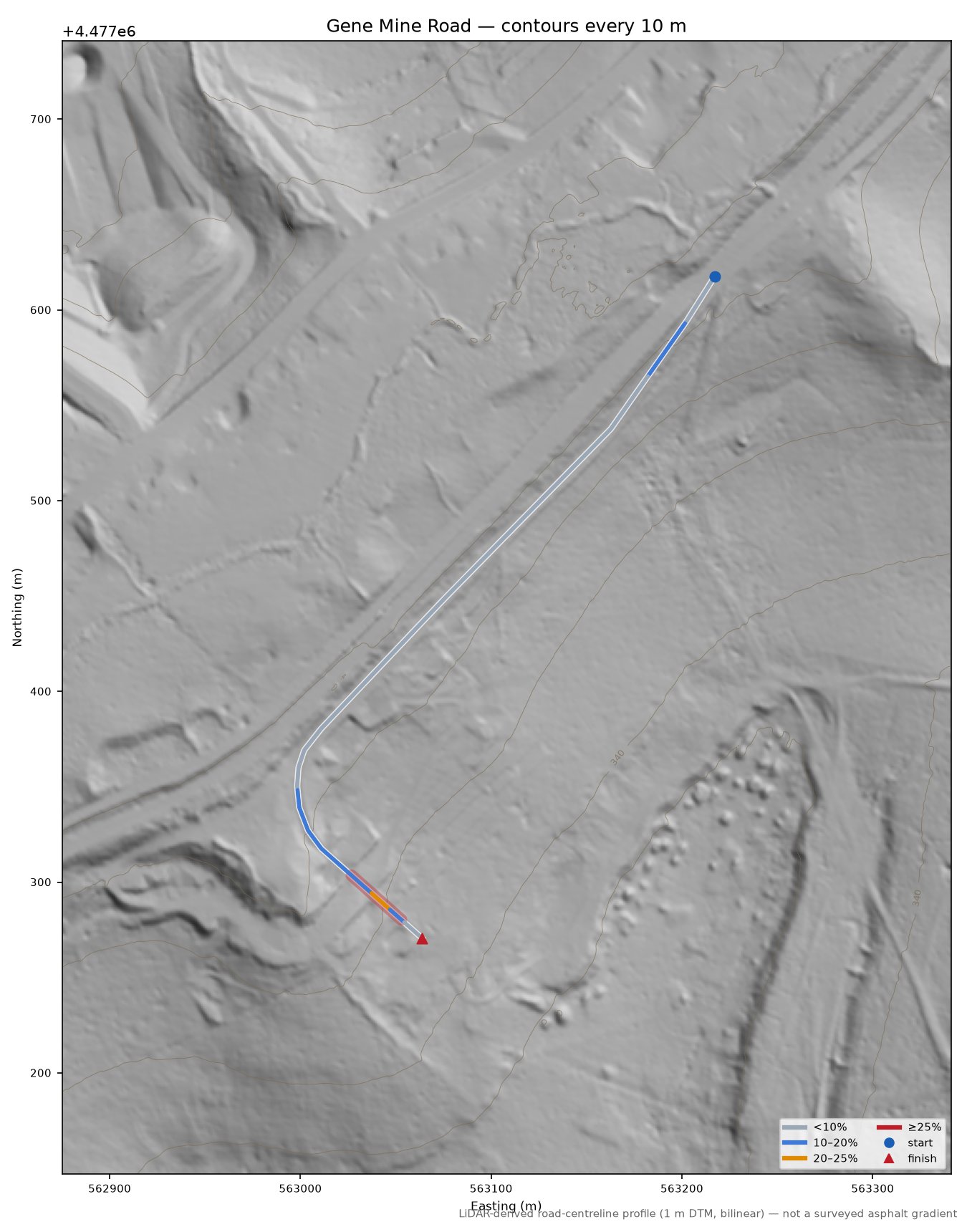 Gene Mine Road LiDAR hillshade map with contours