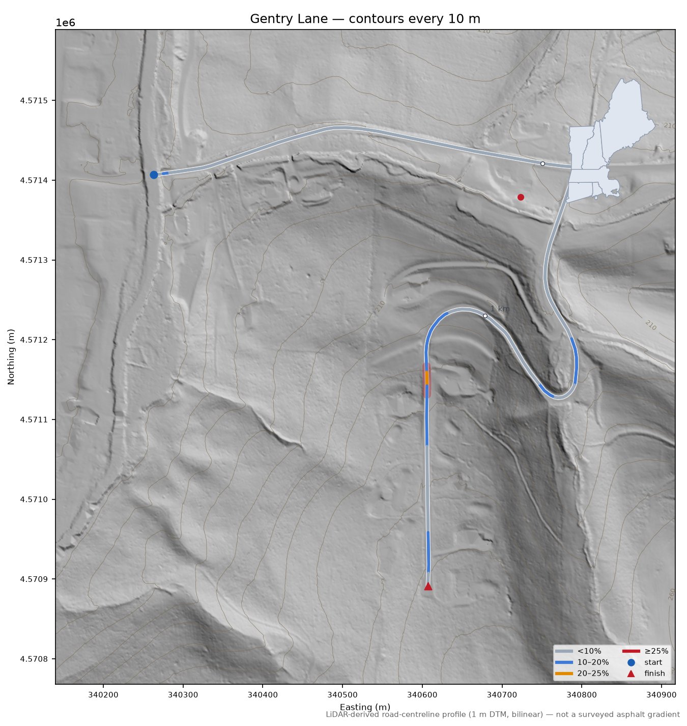 Gentry Lane LiDAR hillshade map with contours