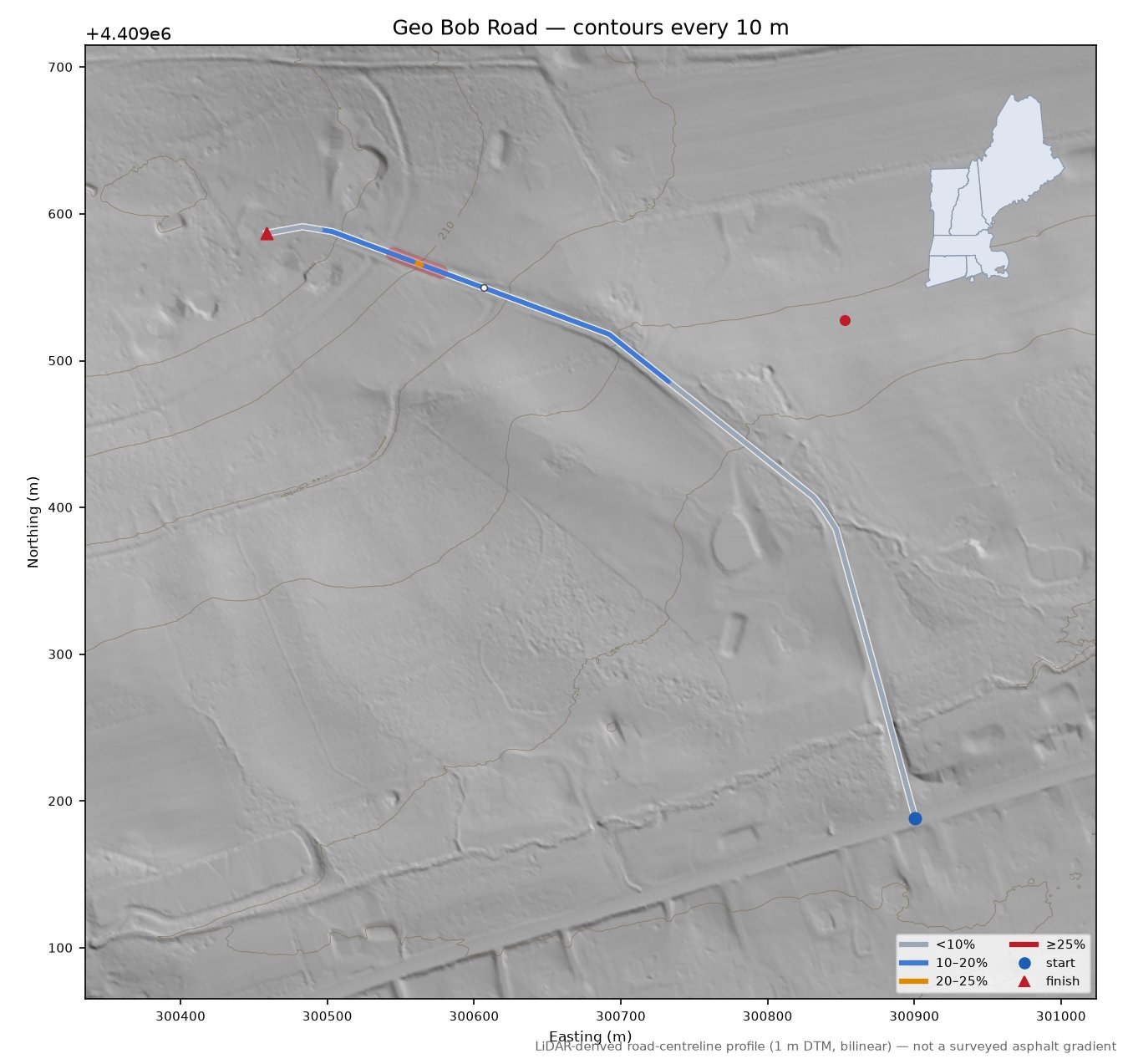 Geo Bob Road LiDAR hillshade map with contours