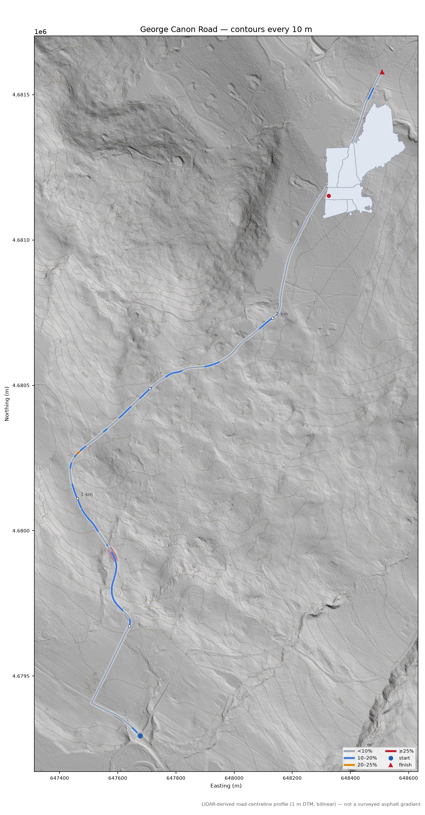 George Canon Road LiDAR hillshade map with contours