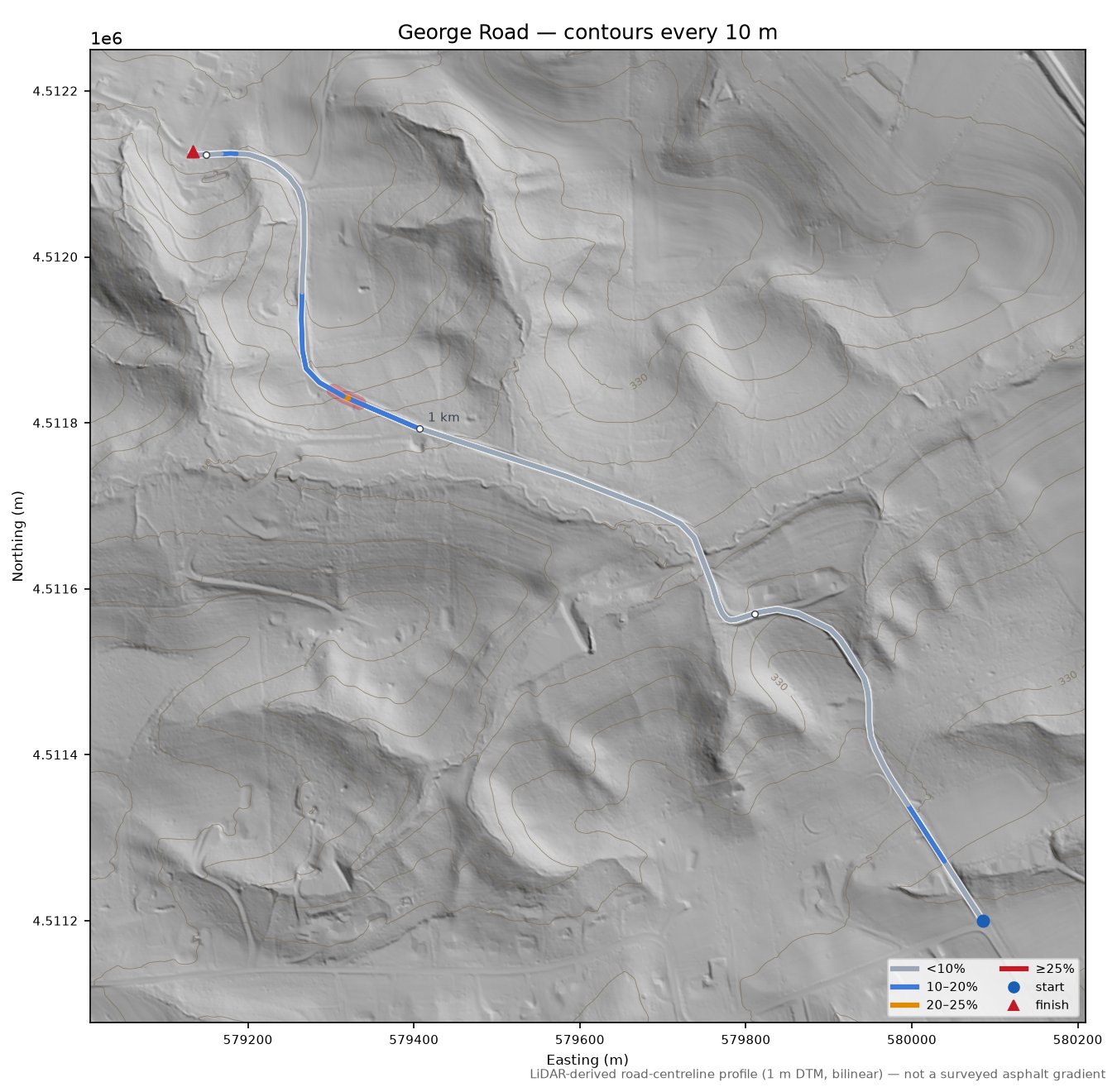 George Road LiDAR hillshade map with contours