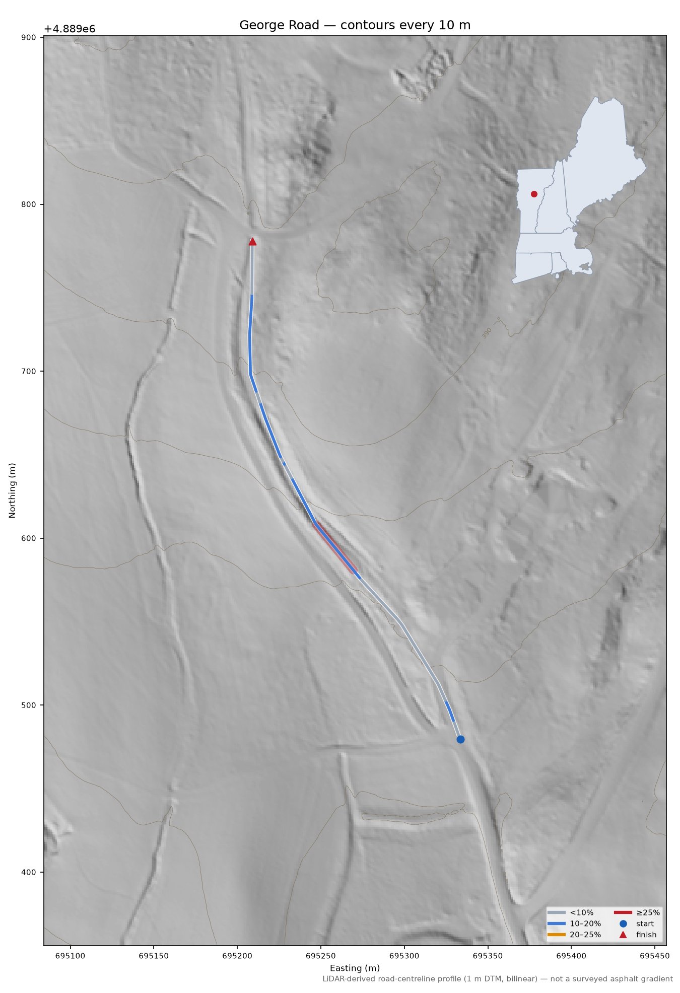 George Road LiDAR hillshade map with contours