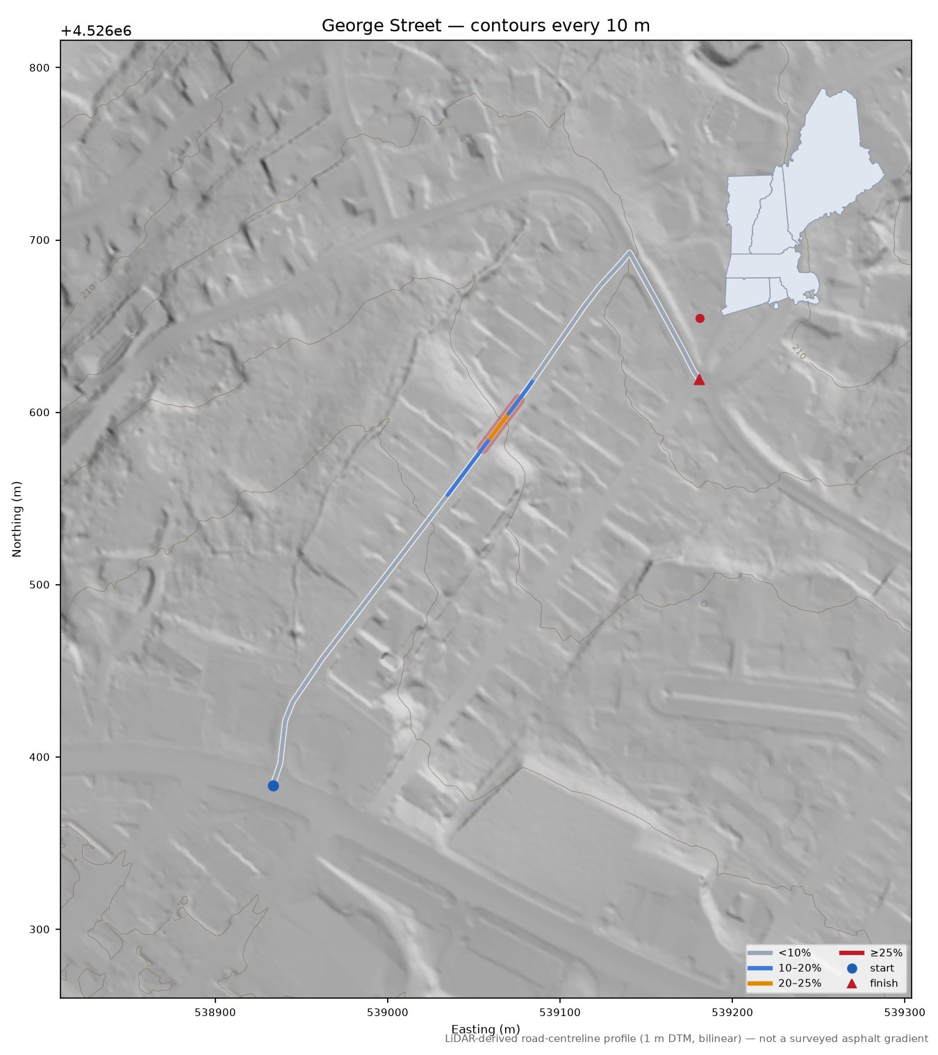 George Street LiDAR hillshade map with contours