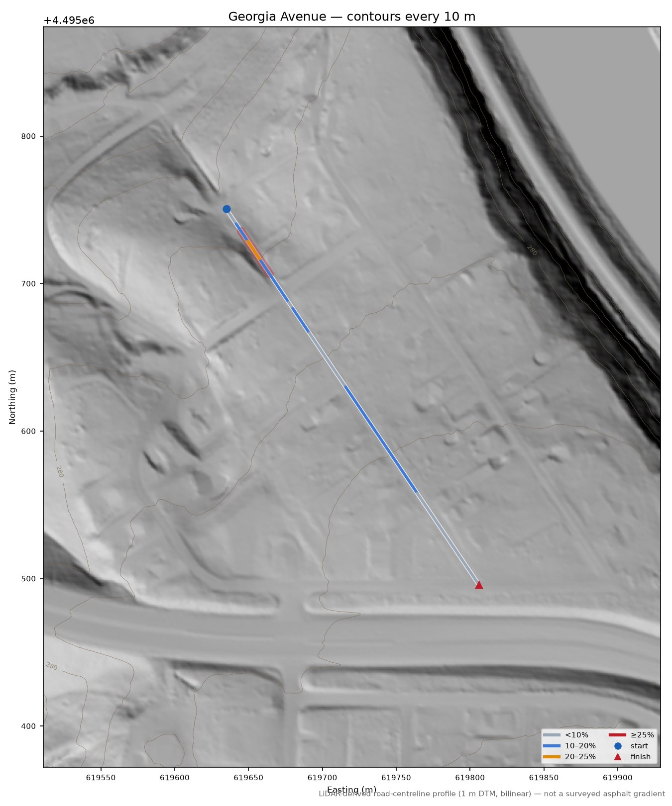 Georgia Avenue LiDAR hillshade map with contours