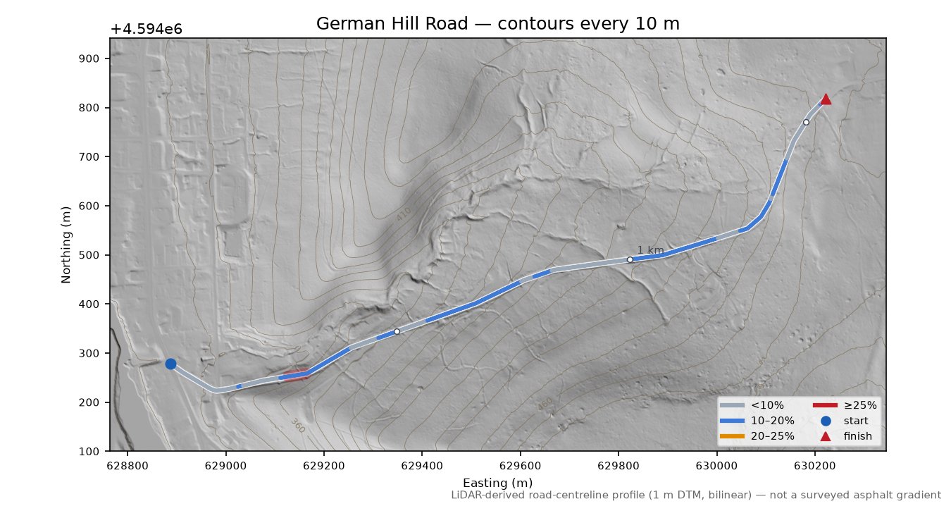 German Hill Road LiDAR hillshade map with contours