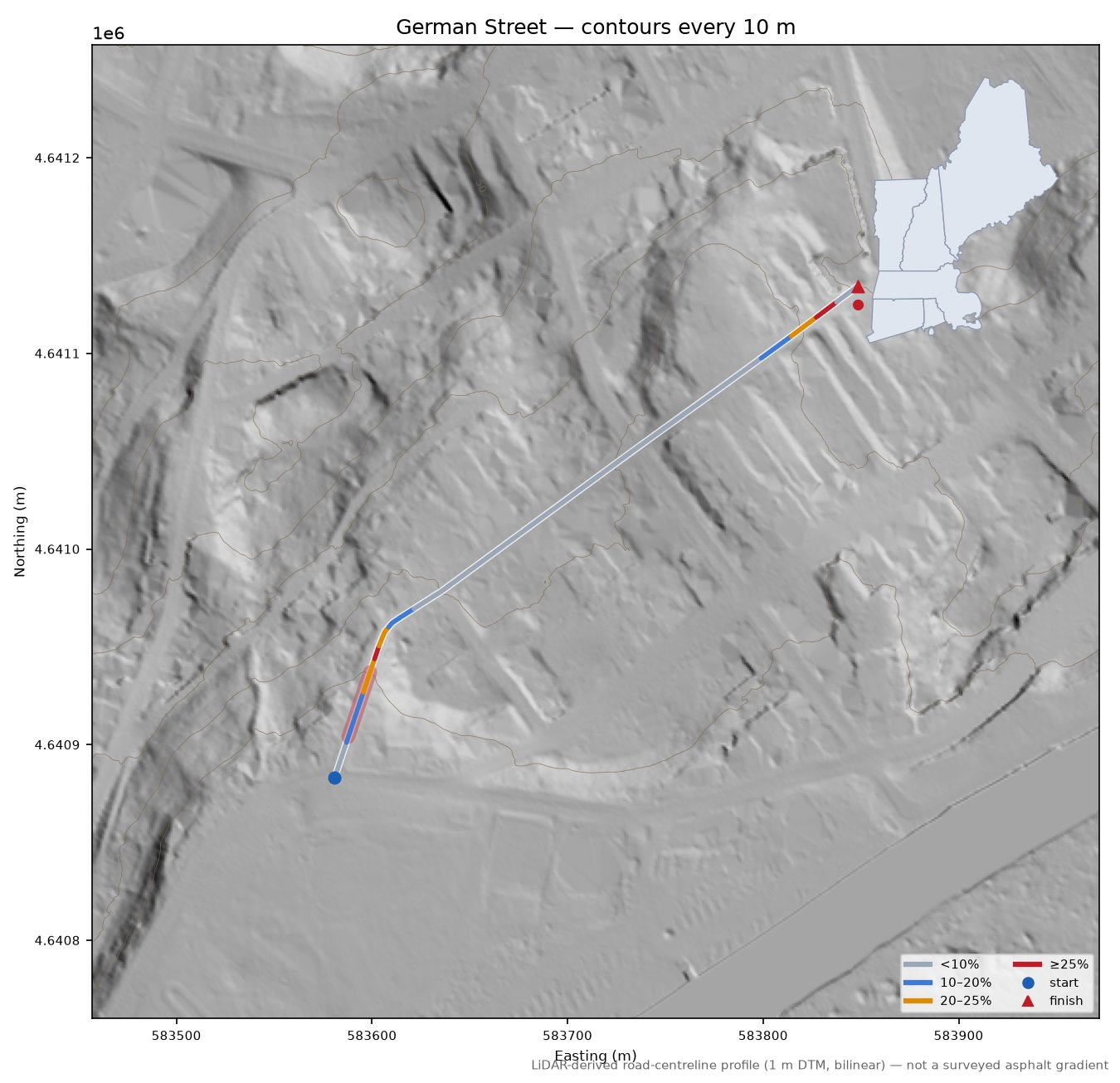 German Street LiDAR hillshade map with contours