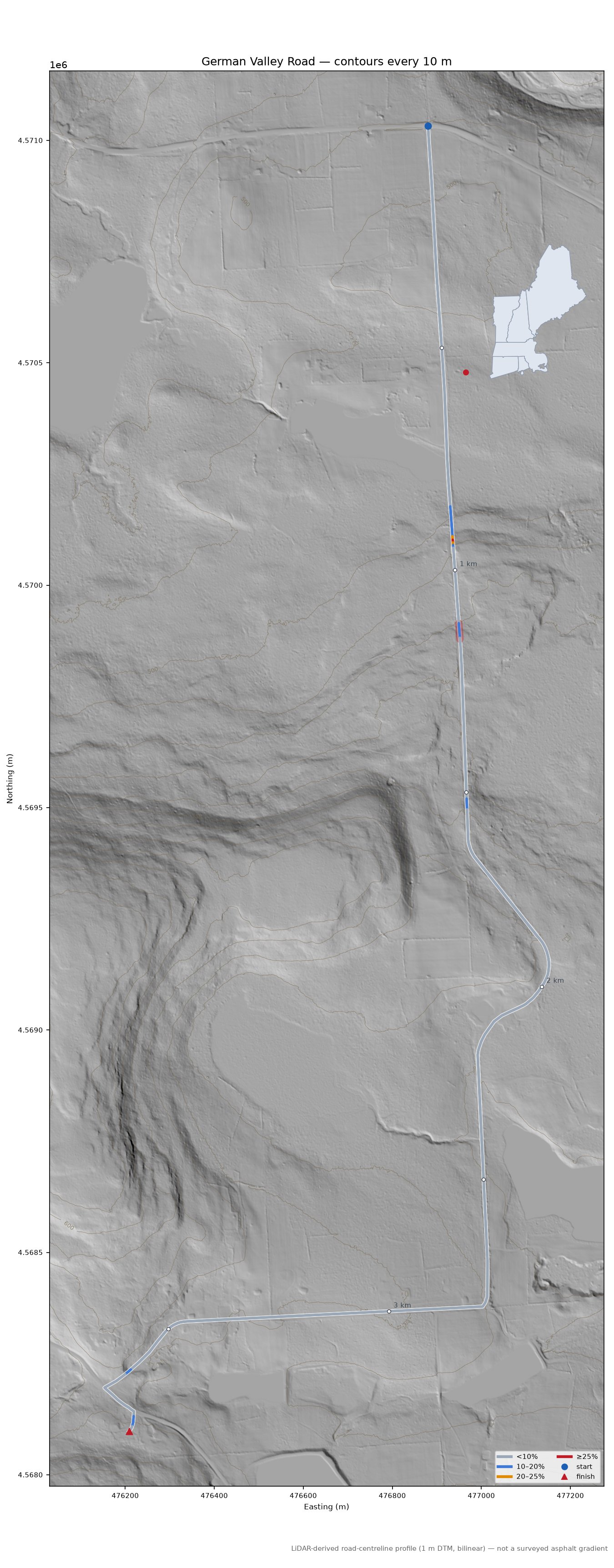 German Valley Road LiDAR hillshade map with contours