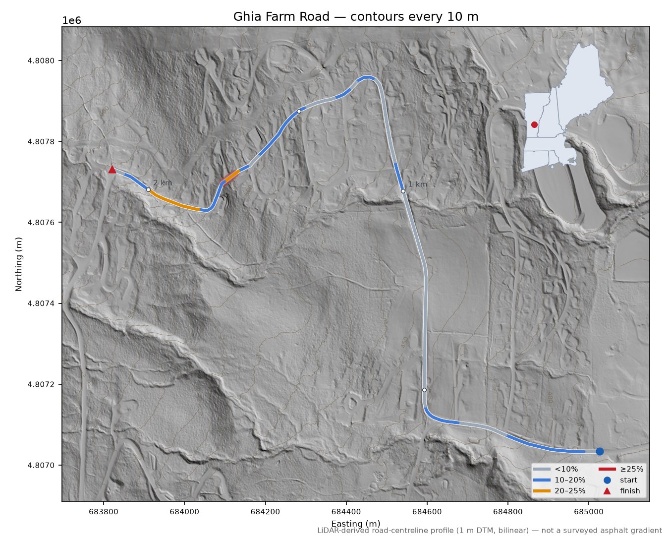 Ghia Farm Road LiDAR hillshade map with contours