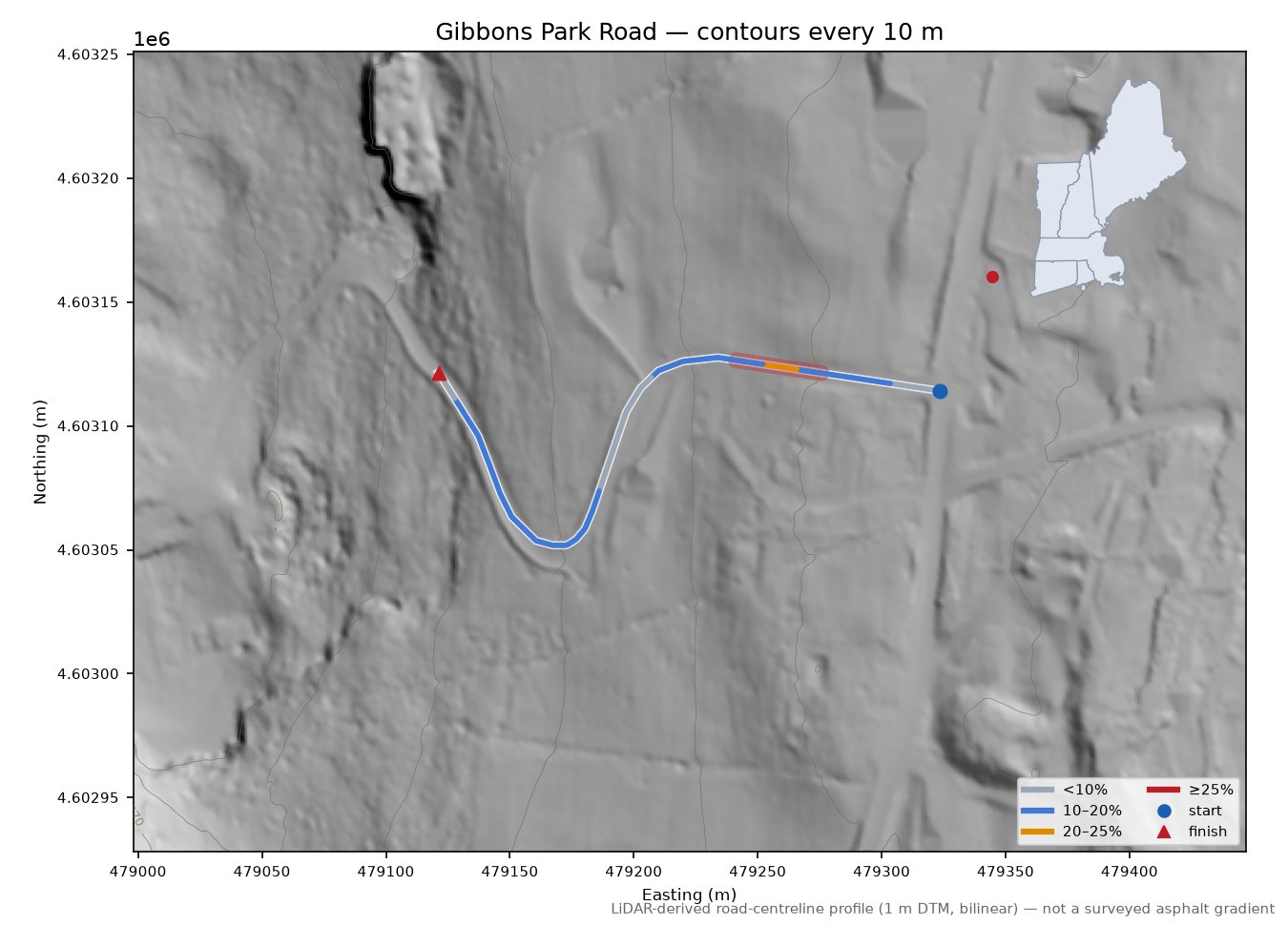 Gibbons Park Road LiDAR hillshade map with contours