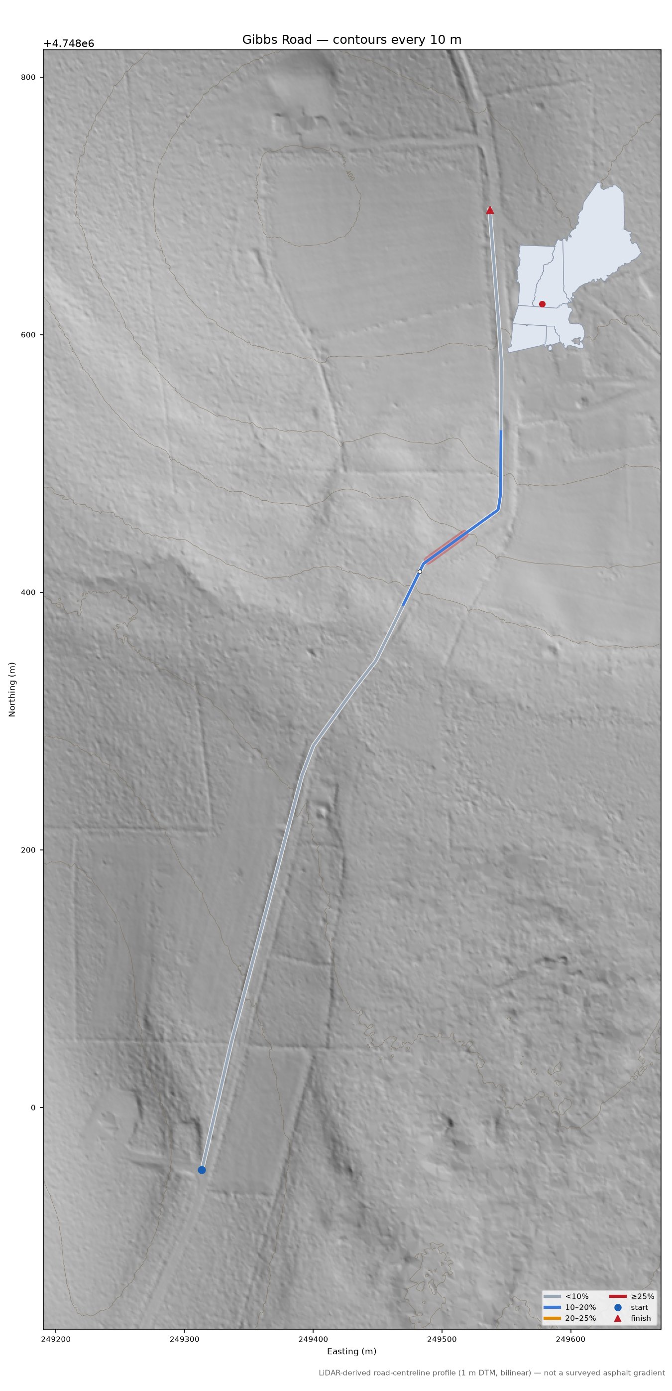 Gibbs Road LiDAR hillshade map with contours