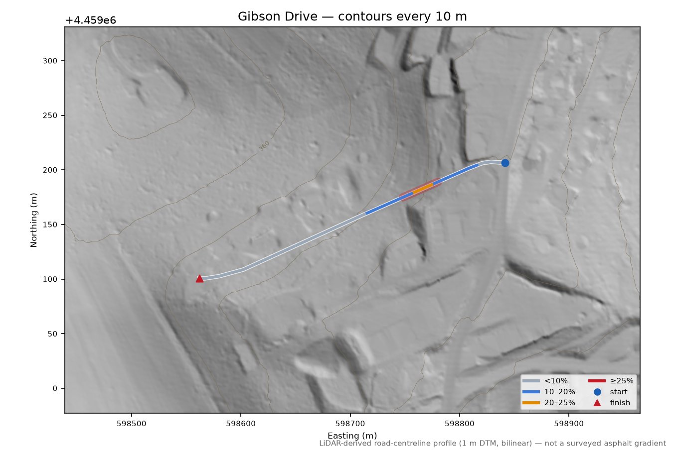Gibson Drive LiDAR hillshade map with contours