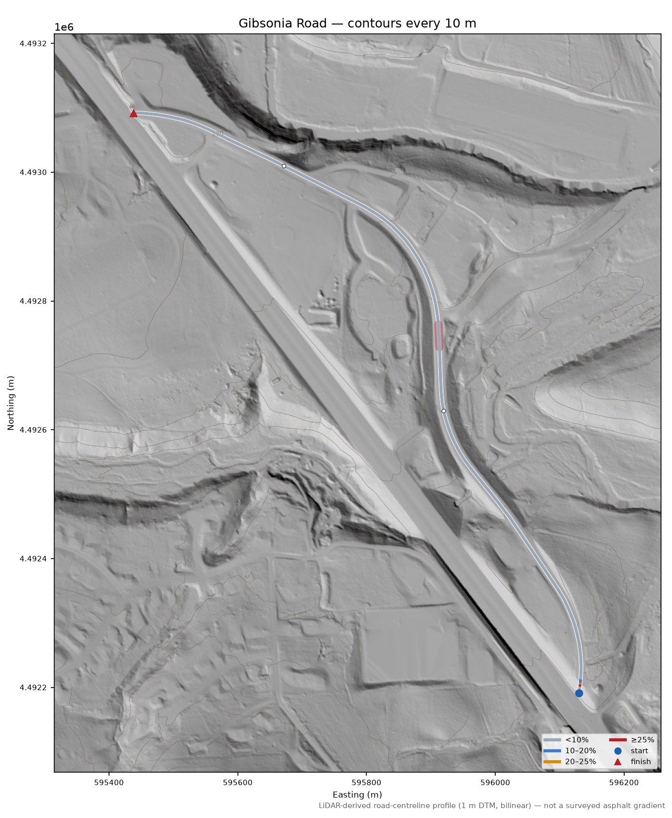 Gibsonia Road LiDAR hillshade map with contours