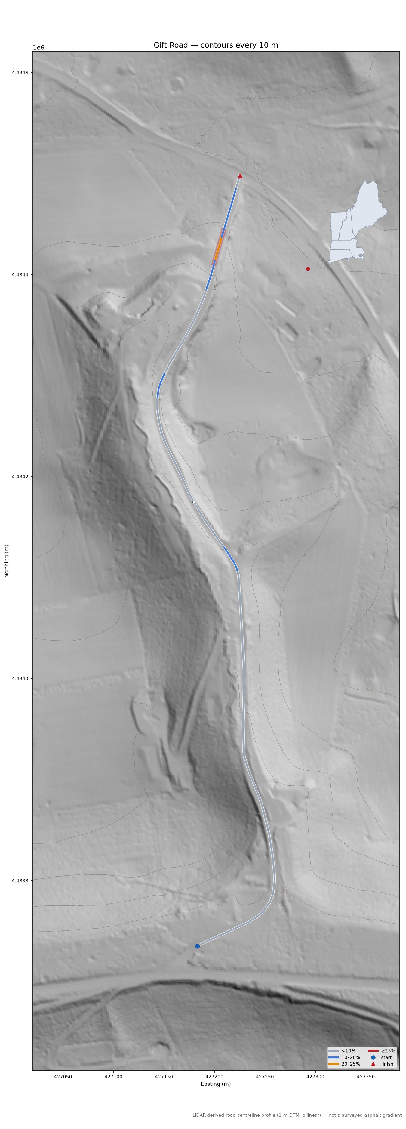 Gift Road LiDAR hillshade map with contours