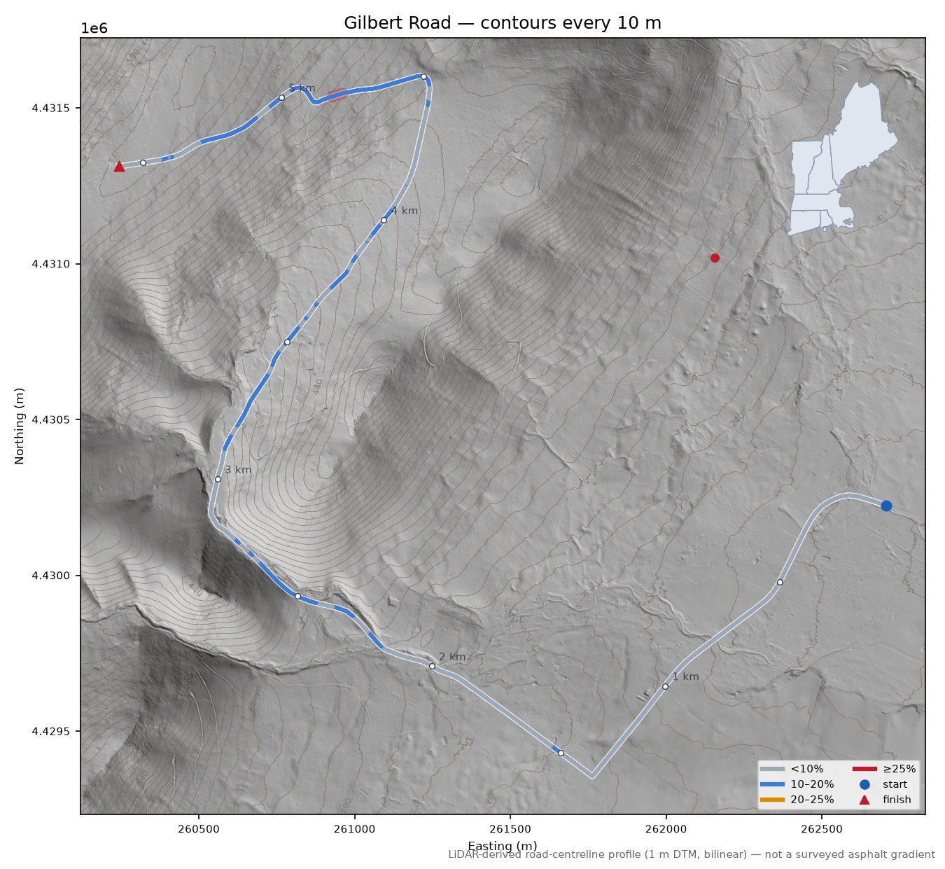 Gilbert Road LiDAR hillshade map with contours