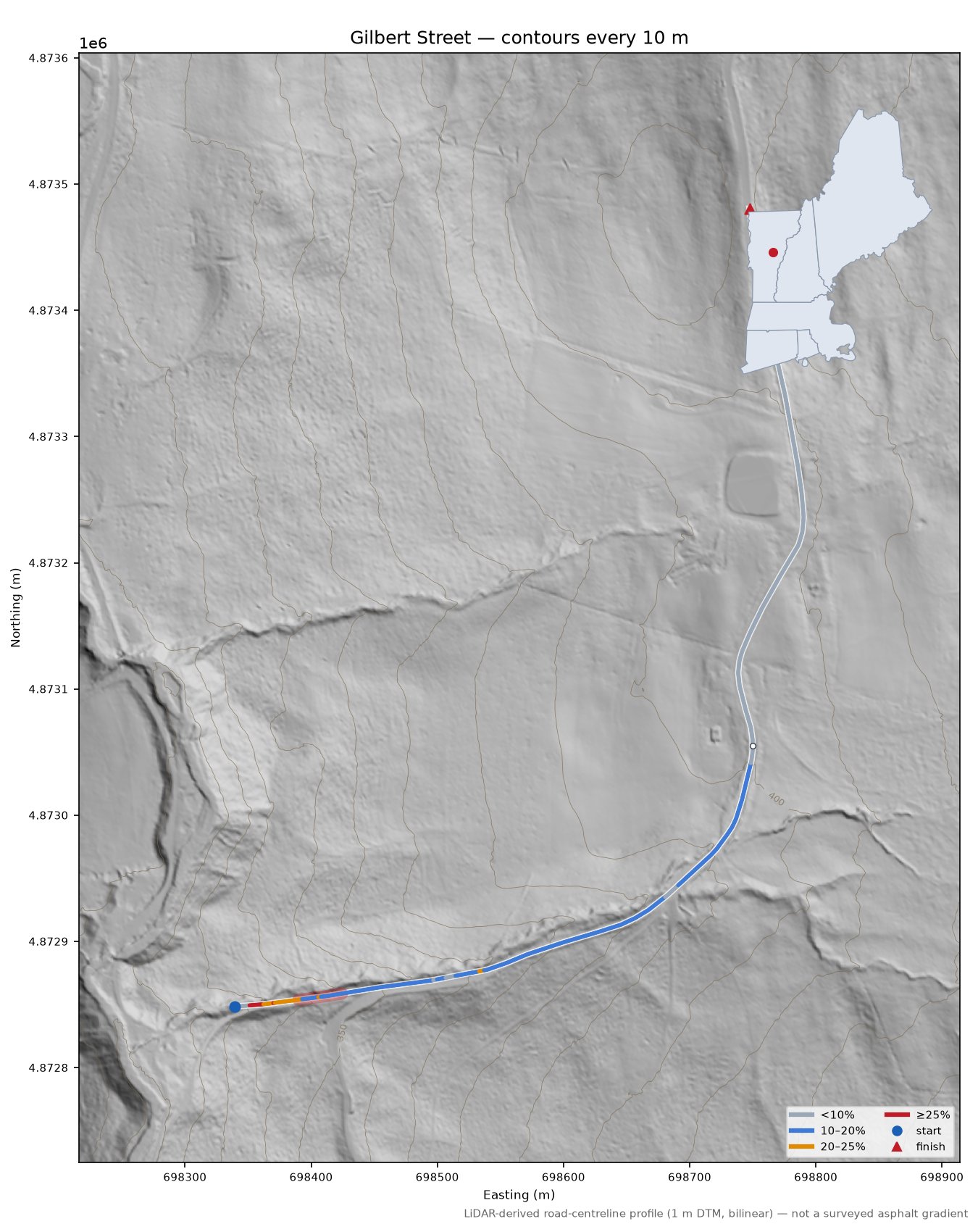 Gilbert Street LiDAR hillshade map with contours