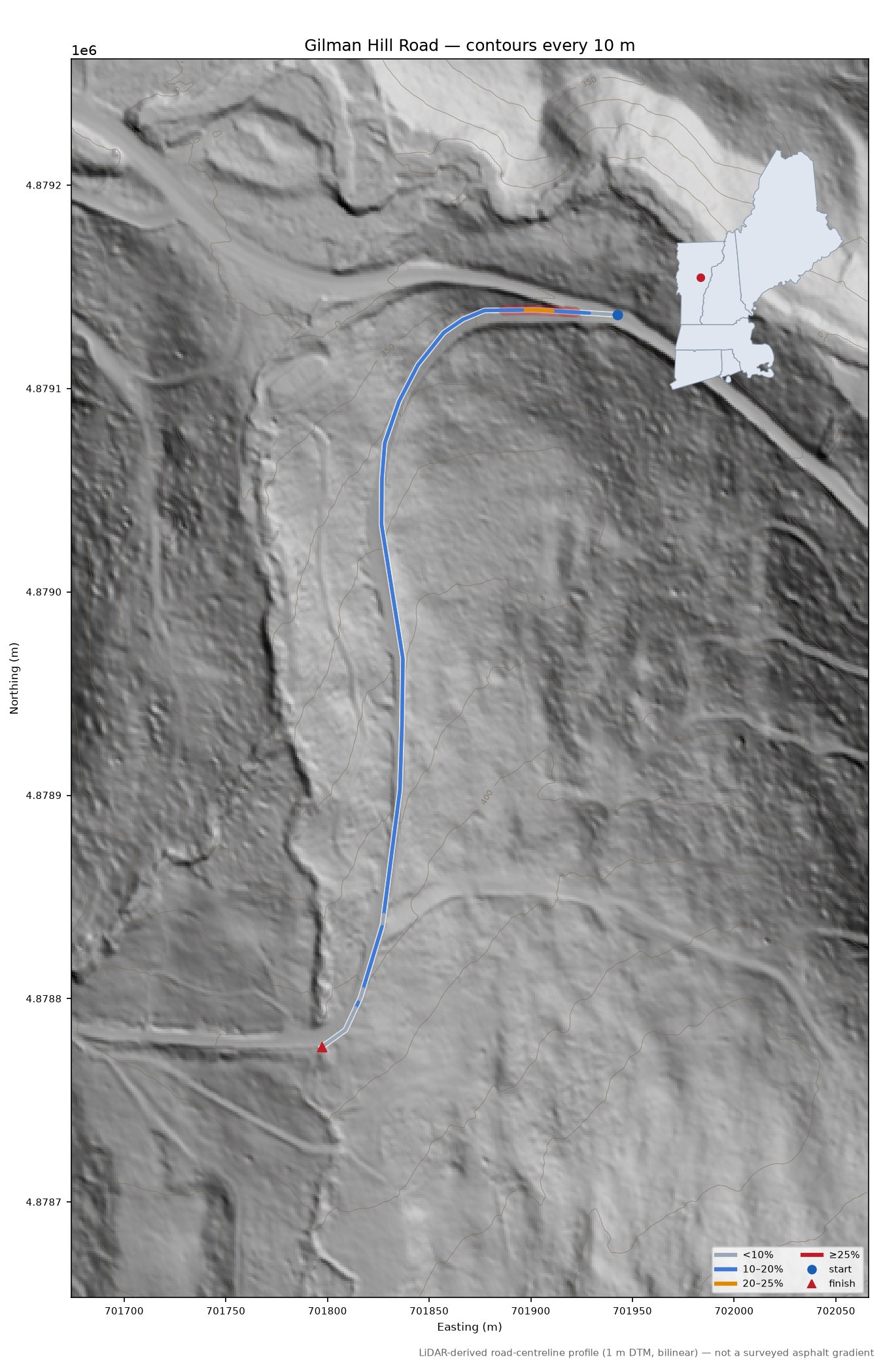 Gilman Hill Road LiDAR hillshade map with contours
