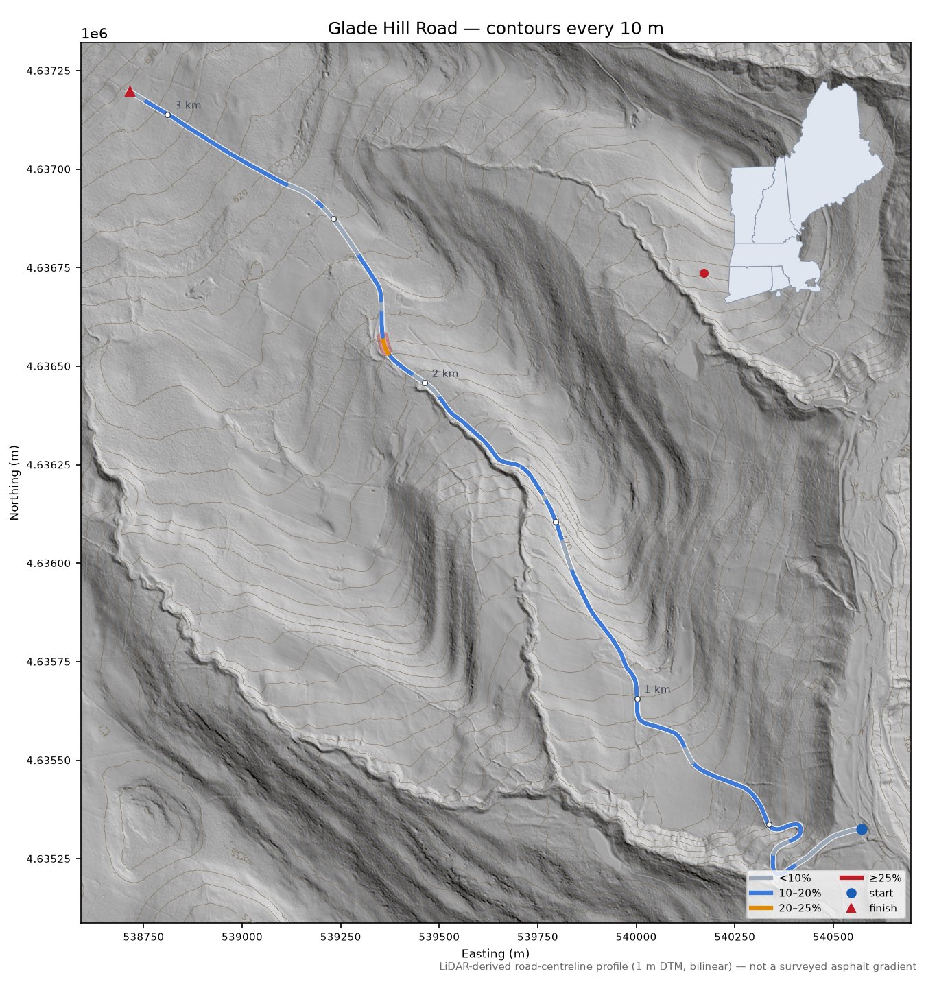 Glade Hill Road LiDAR hillshade map with contours