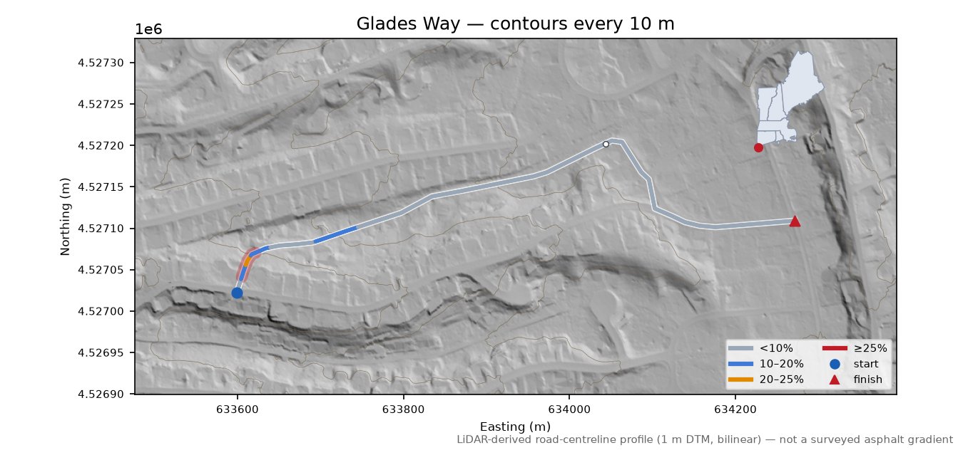 Glades Way LiDAR hillshade map with contours