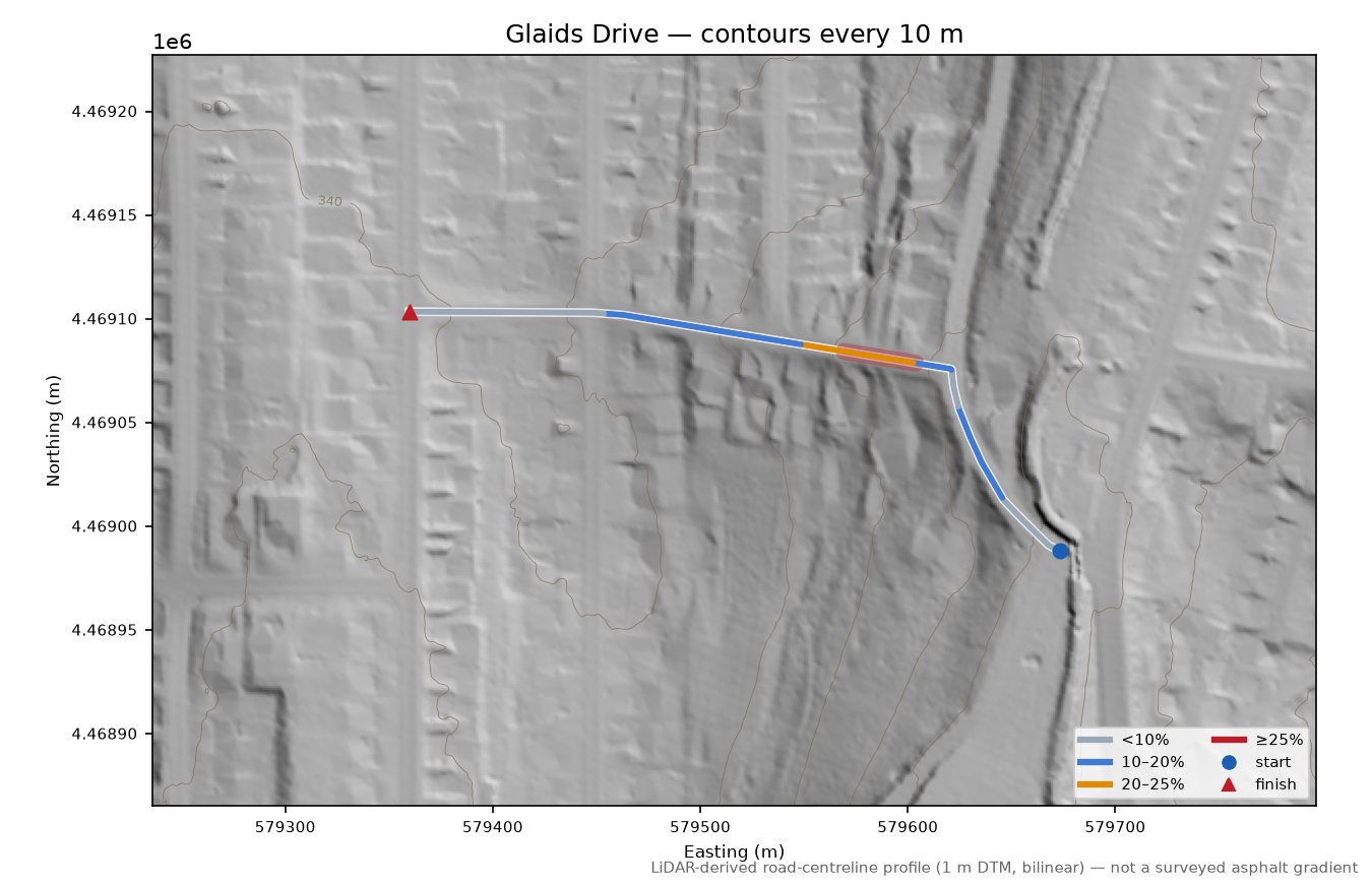 Glaids Drive LiDAR hillshade map with contours
