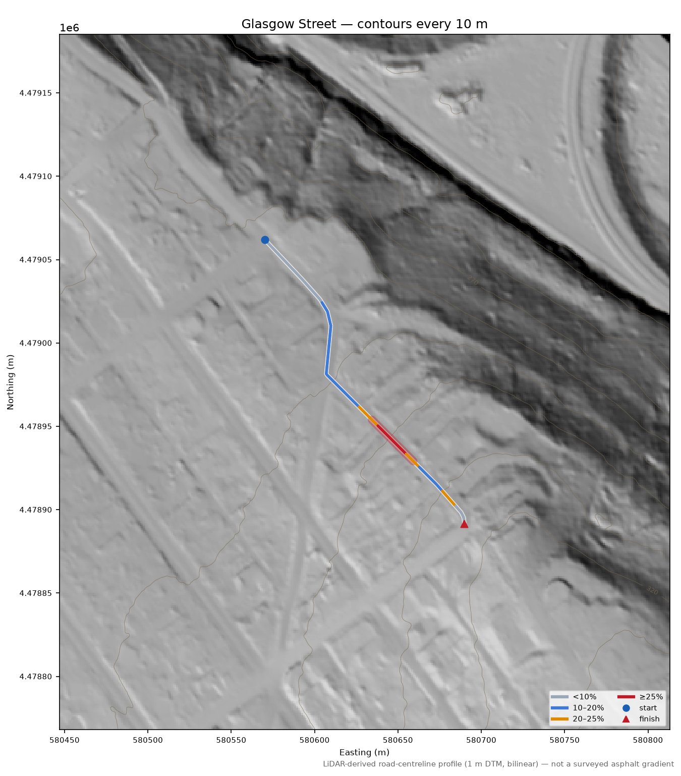 Glasgow Street LiDAR hillshade map with contours