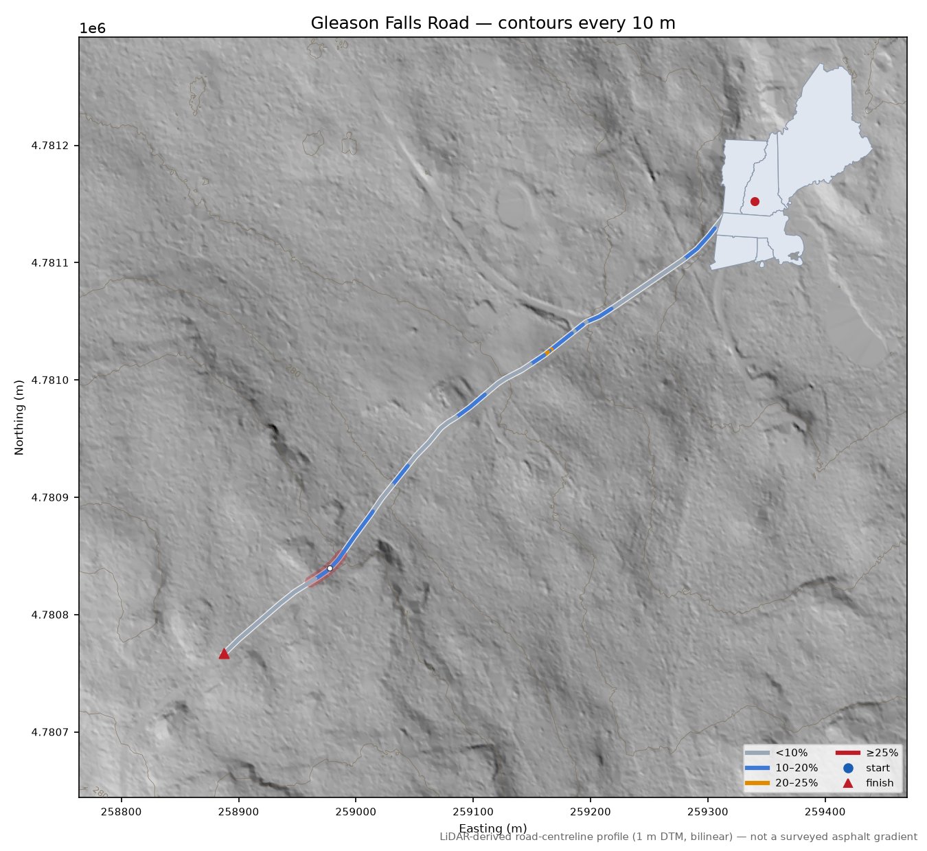 Gleason Falls Road LiDAR hillshade map with contours