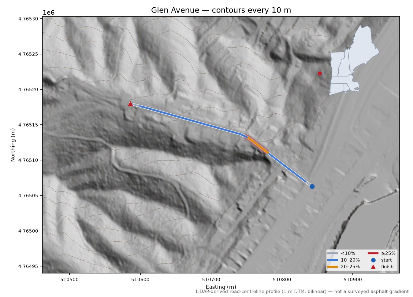 Glen Avenue LiDAR hillshade map with contours