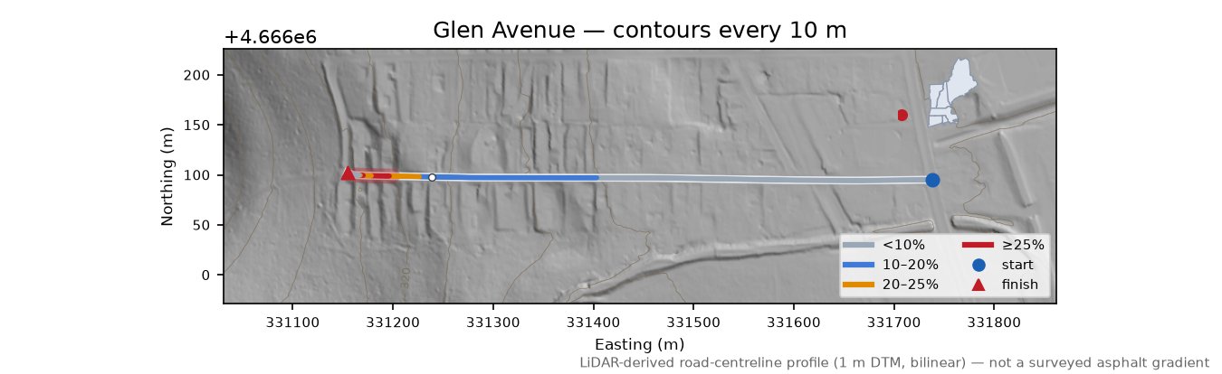 Glen Avenue LiDAR hillshade map with contours