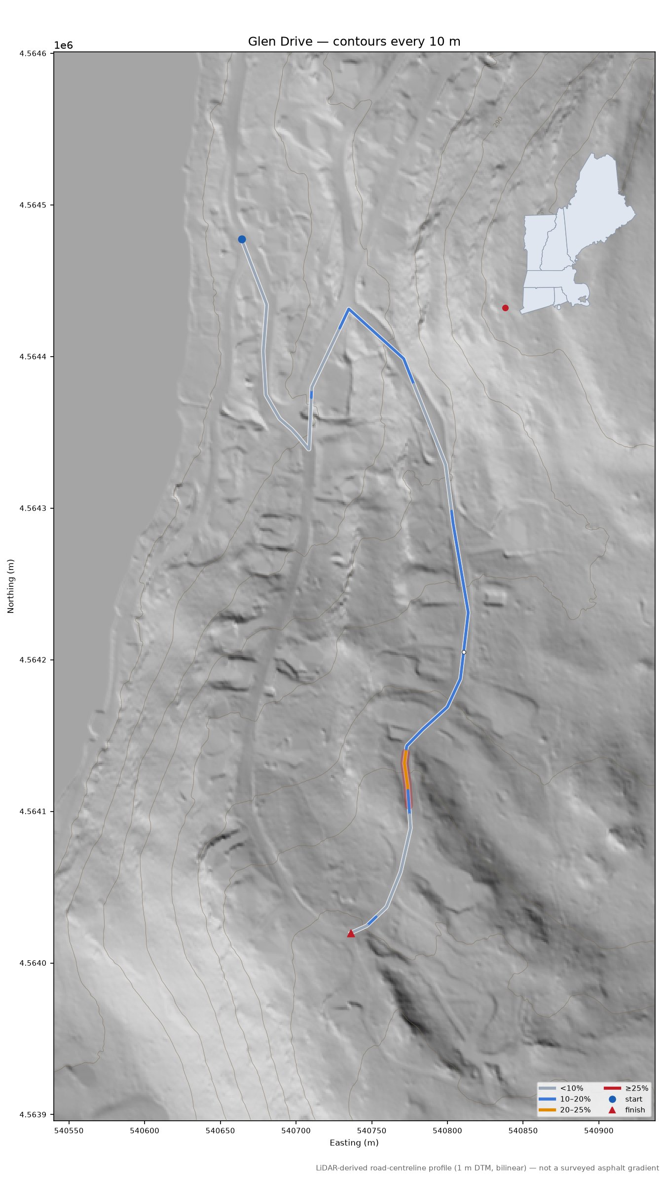 Glen Drive LiDAR hillshade map with contours