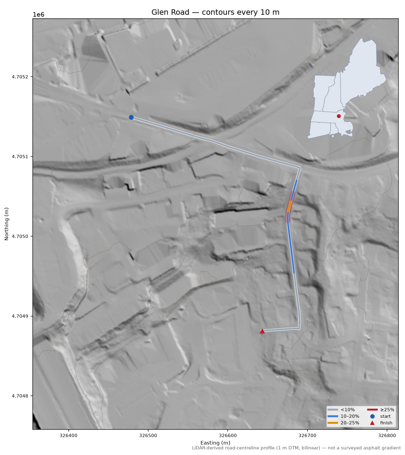 Glen Road LiDAR hillshade map with contours