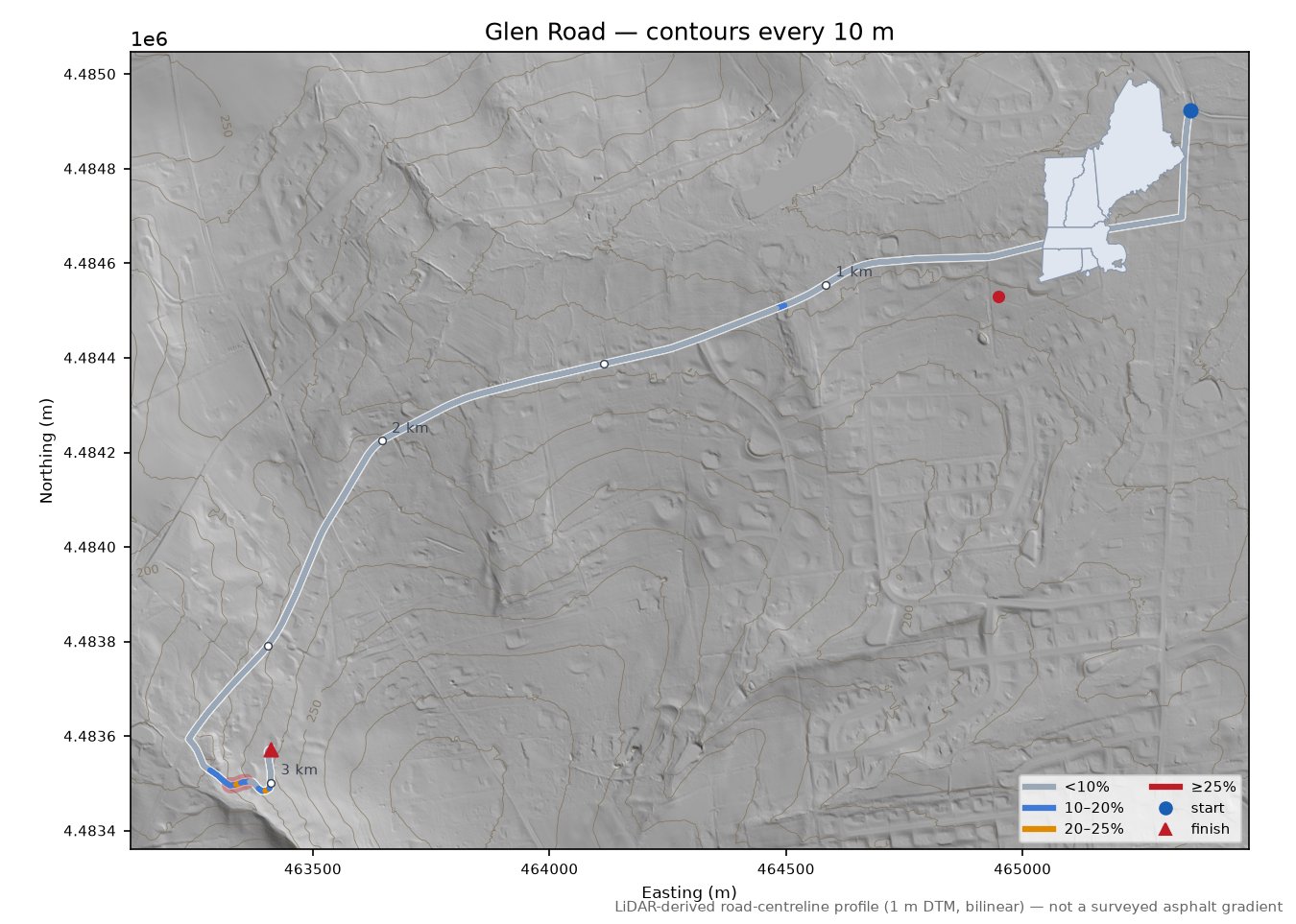 Glen Road LiDAR hillshade map with contours