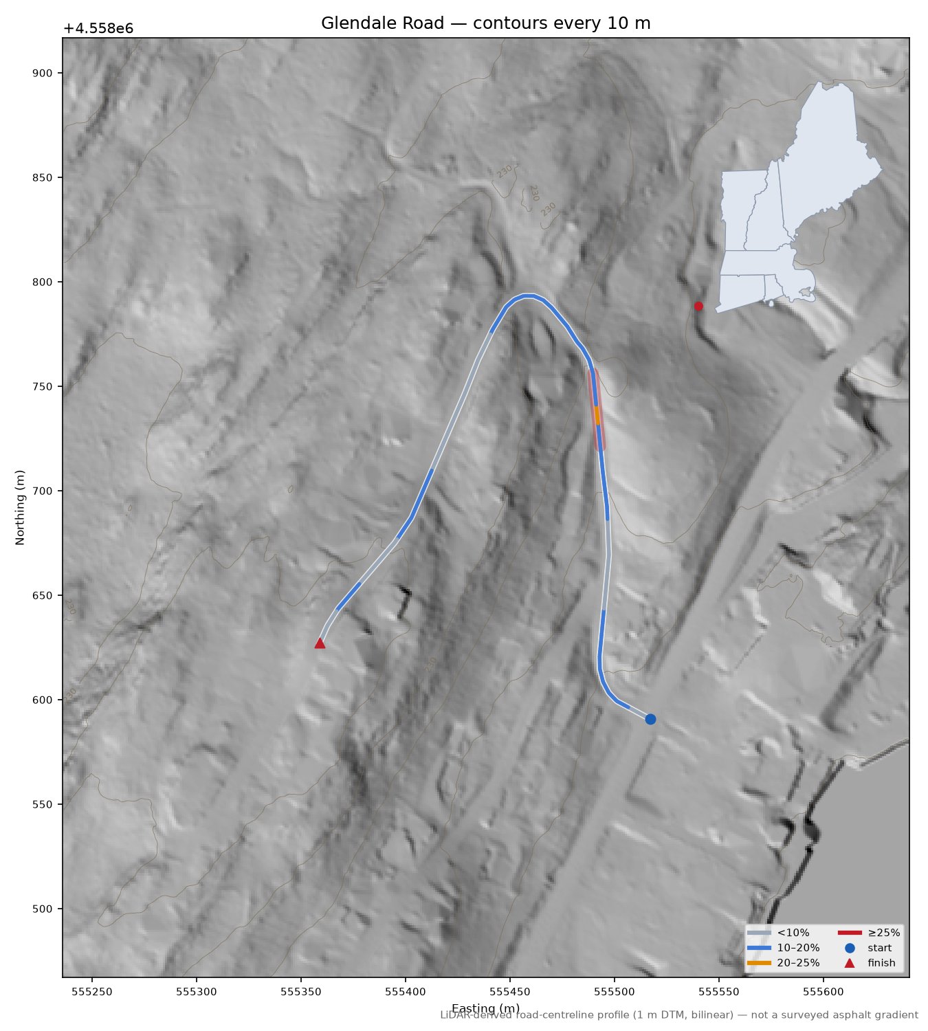 Glendale Road LiDAR hillshade map with contours