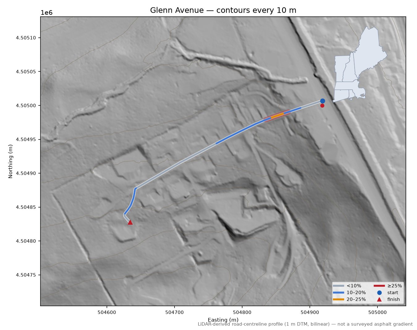 Glenn Avenue LiDAR hillshade map with contours