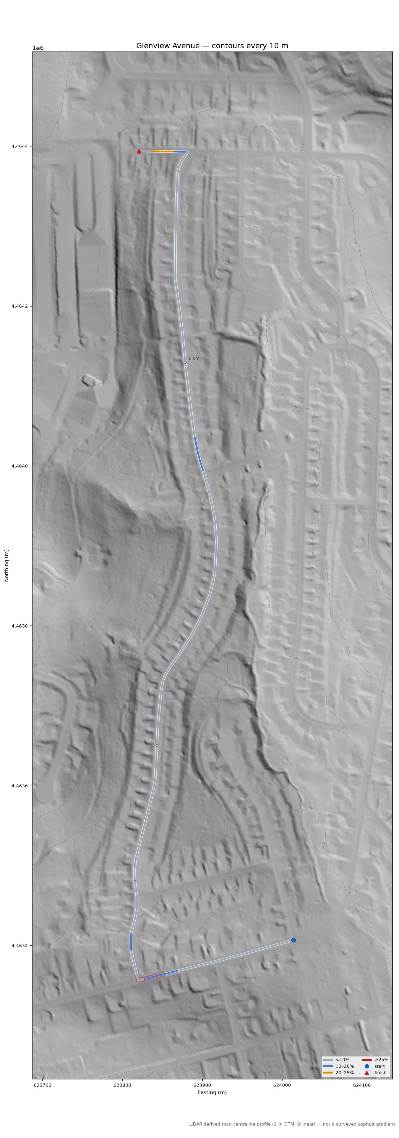 Glenview Avenue LiDAR hillshade map with contours