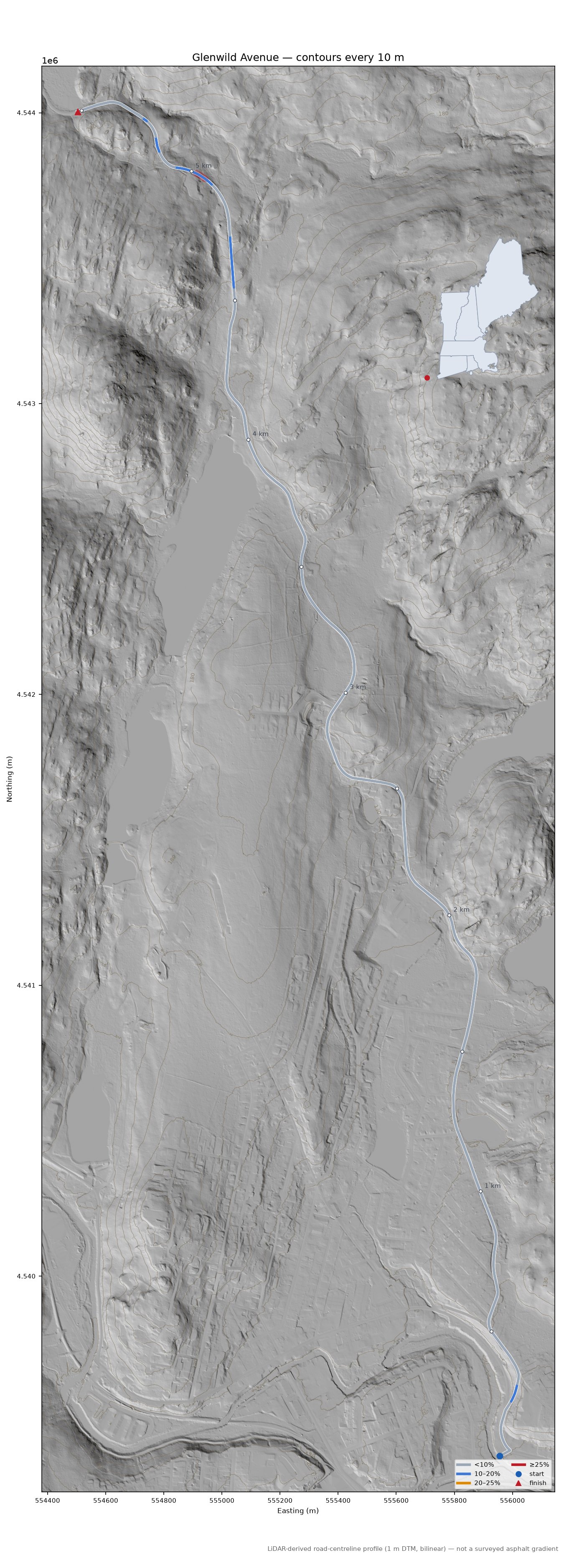 Glenwild Avenue LiDAR hillshade map with contours