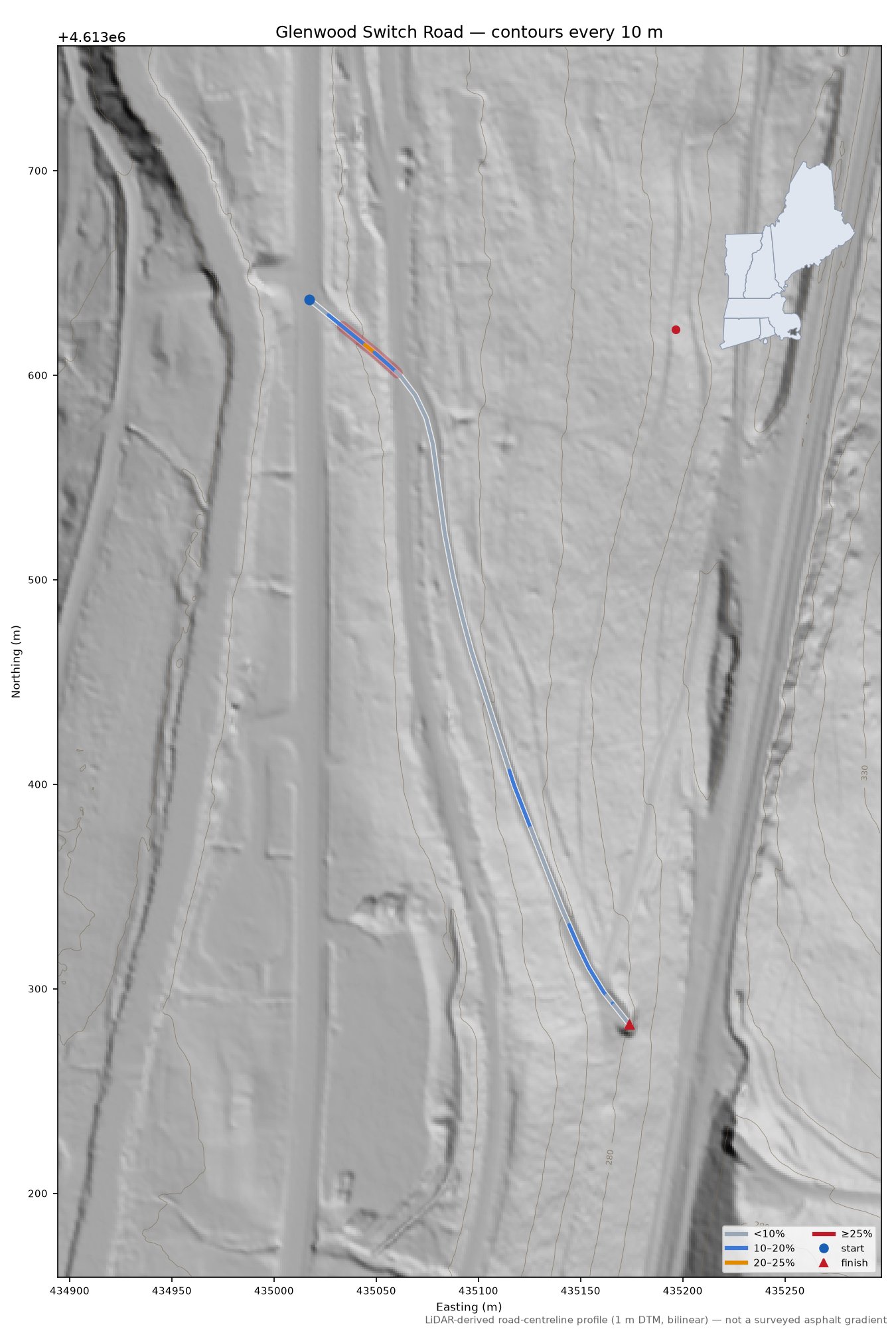Glenwood Switch Road LiDAR hillshade map with contours
