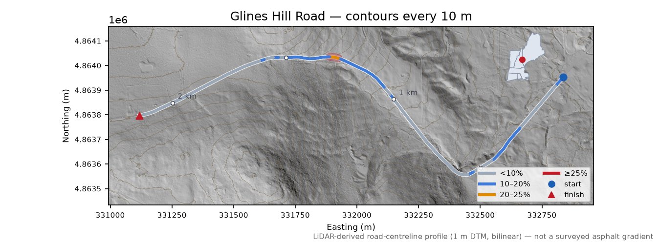 Glines Hill Road LiDAR hillshade map with contours