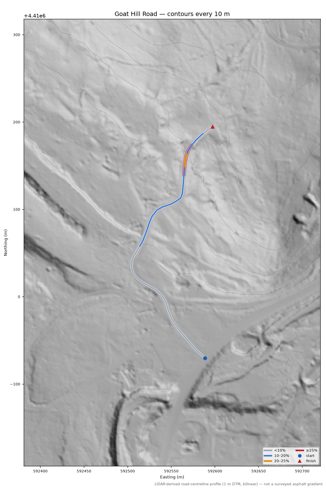 Goat Hill Road LiDAR hillshade map with contours