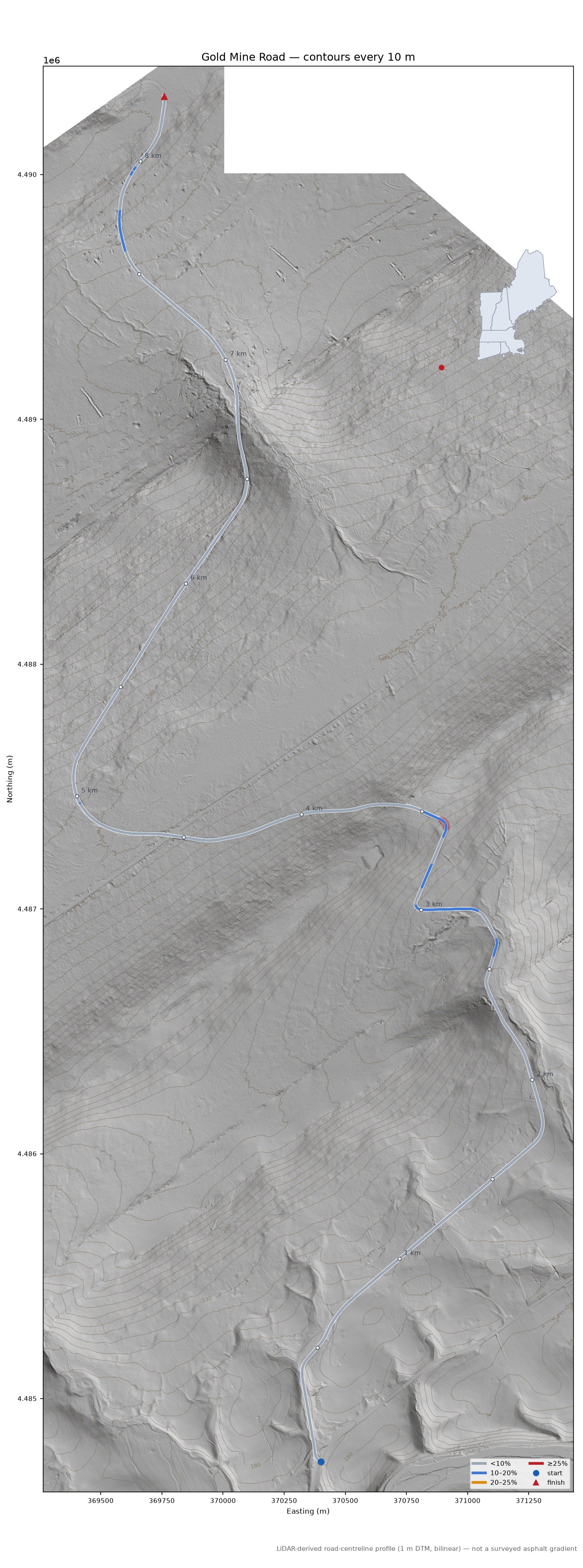 Gold Mine Road LiDAR hillshade map with contours