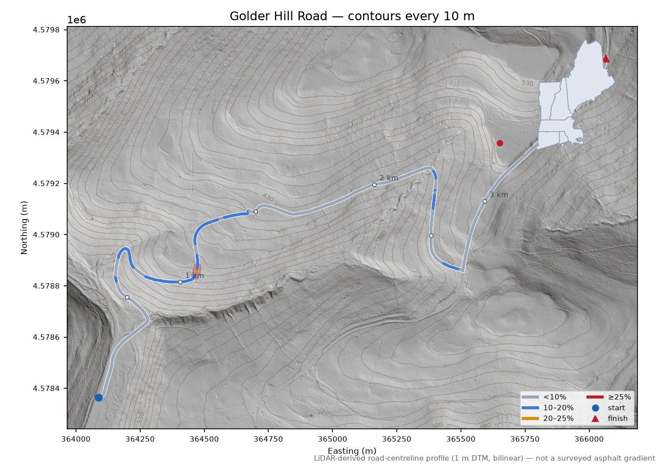 Golder Hill Road LiDAR hillshade map with contours