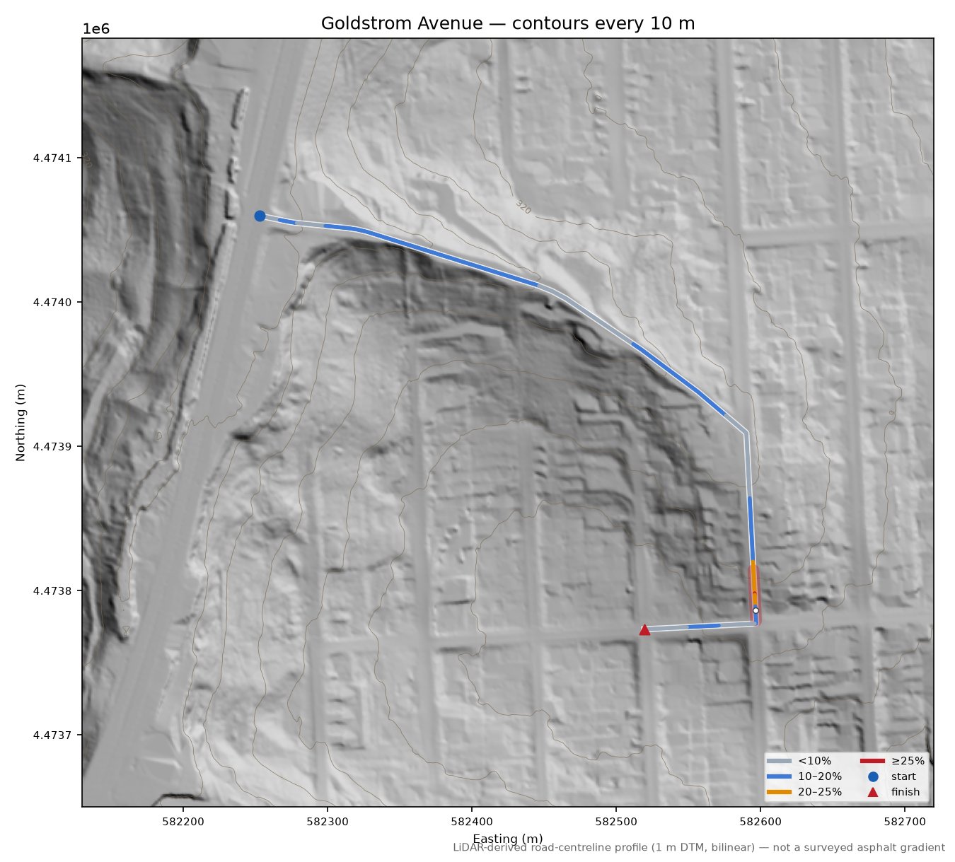 Goldstrom Avenue LiDAR hillshade map with contours