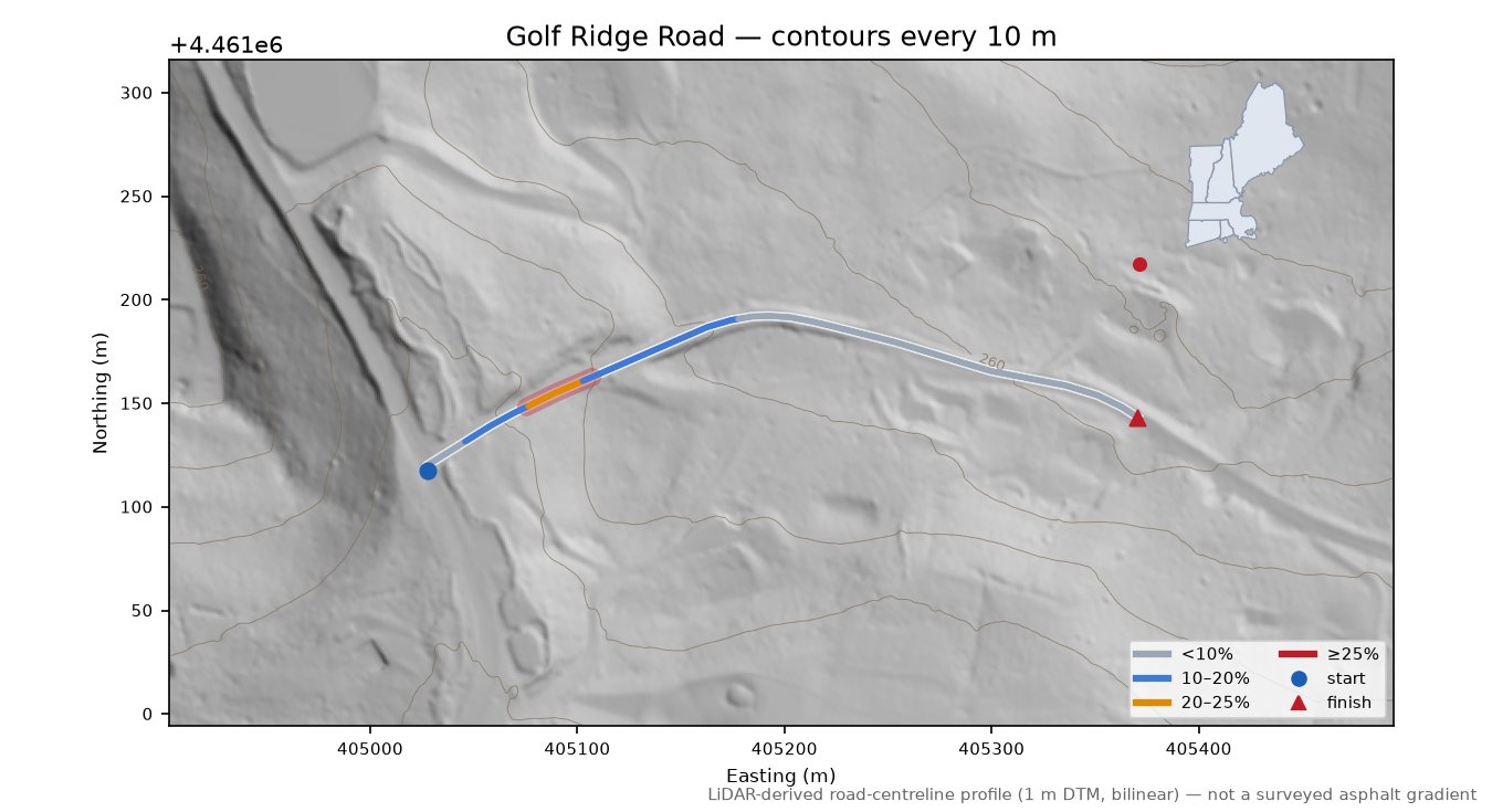 Golf Ridge Road LiDAR hillshade map with contours