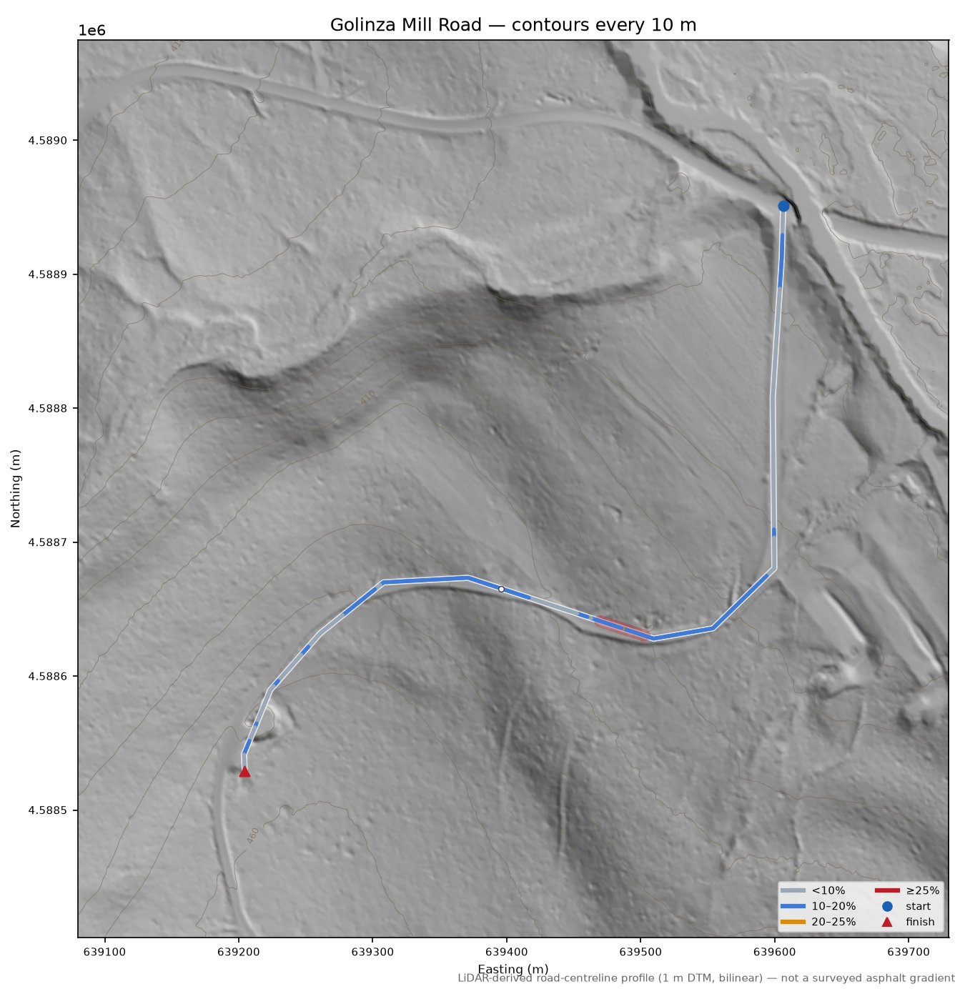 Golinza Mill Road LiDAR hillshade map with contours