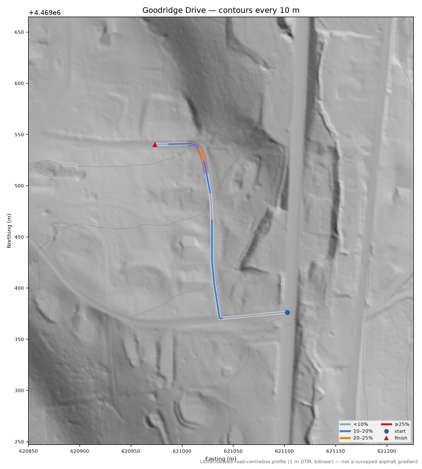 Goodridge Drive LiDAR hillshade map with contours