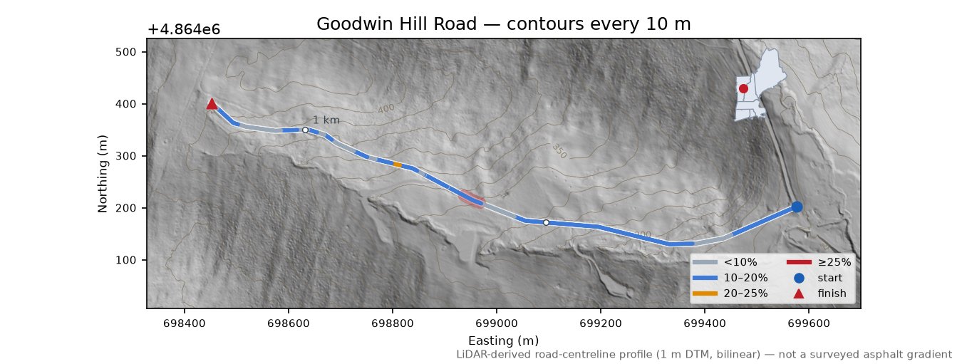 Goodwin Hill Road LiDAR hillshade map with contours