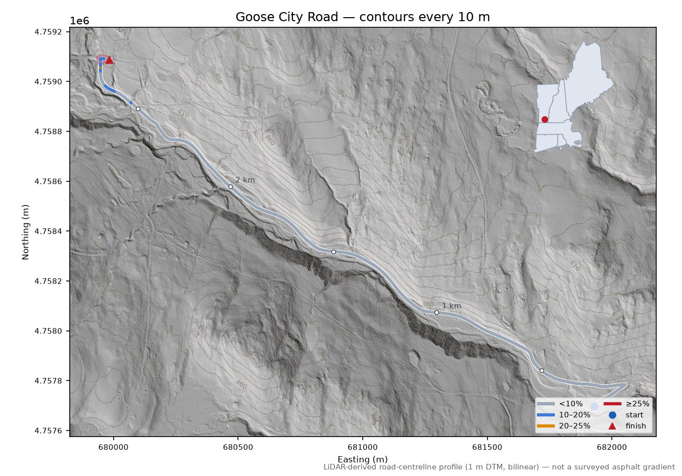 Goose City Road LiDAR hillshade map with contours
