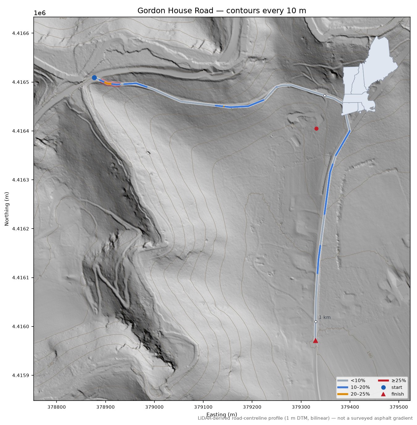 Gordon House Road LiDAR hillshade map with contours
