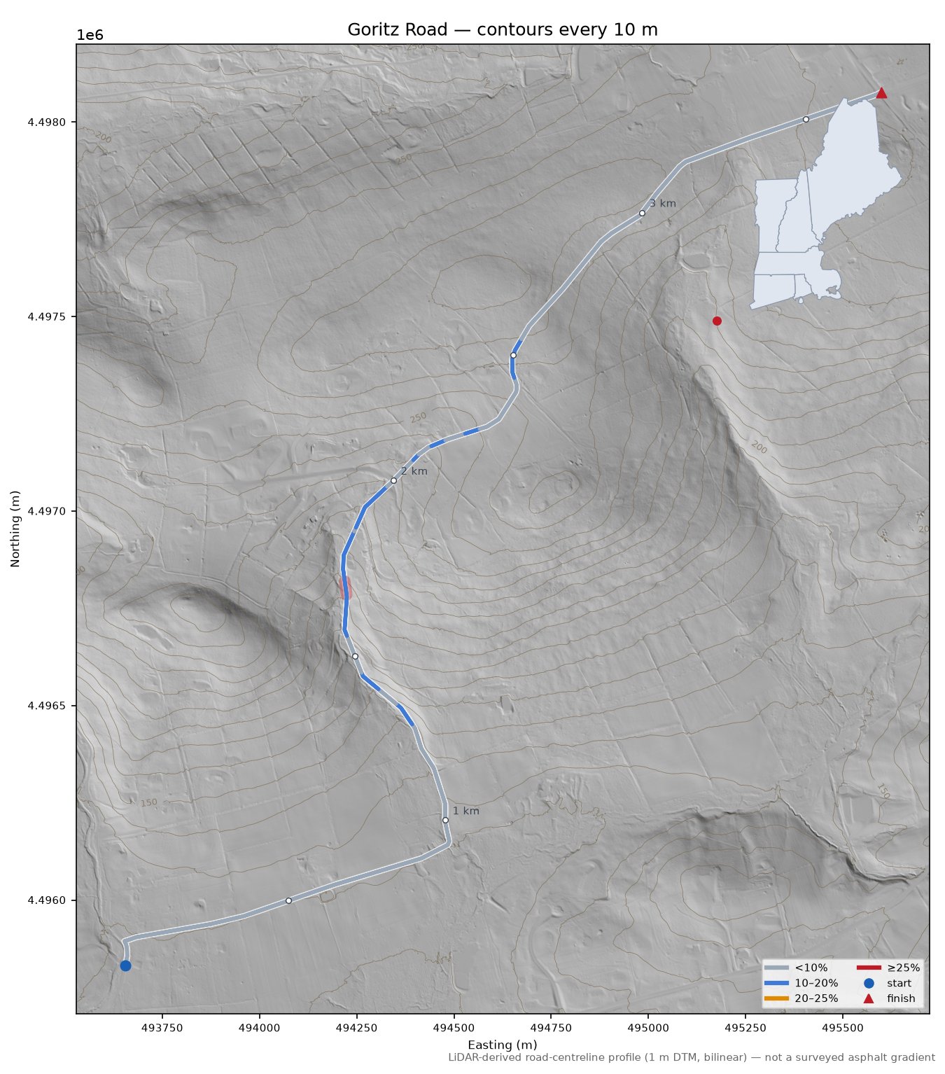 Goritz Road LiDAR hillshade map with contours