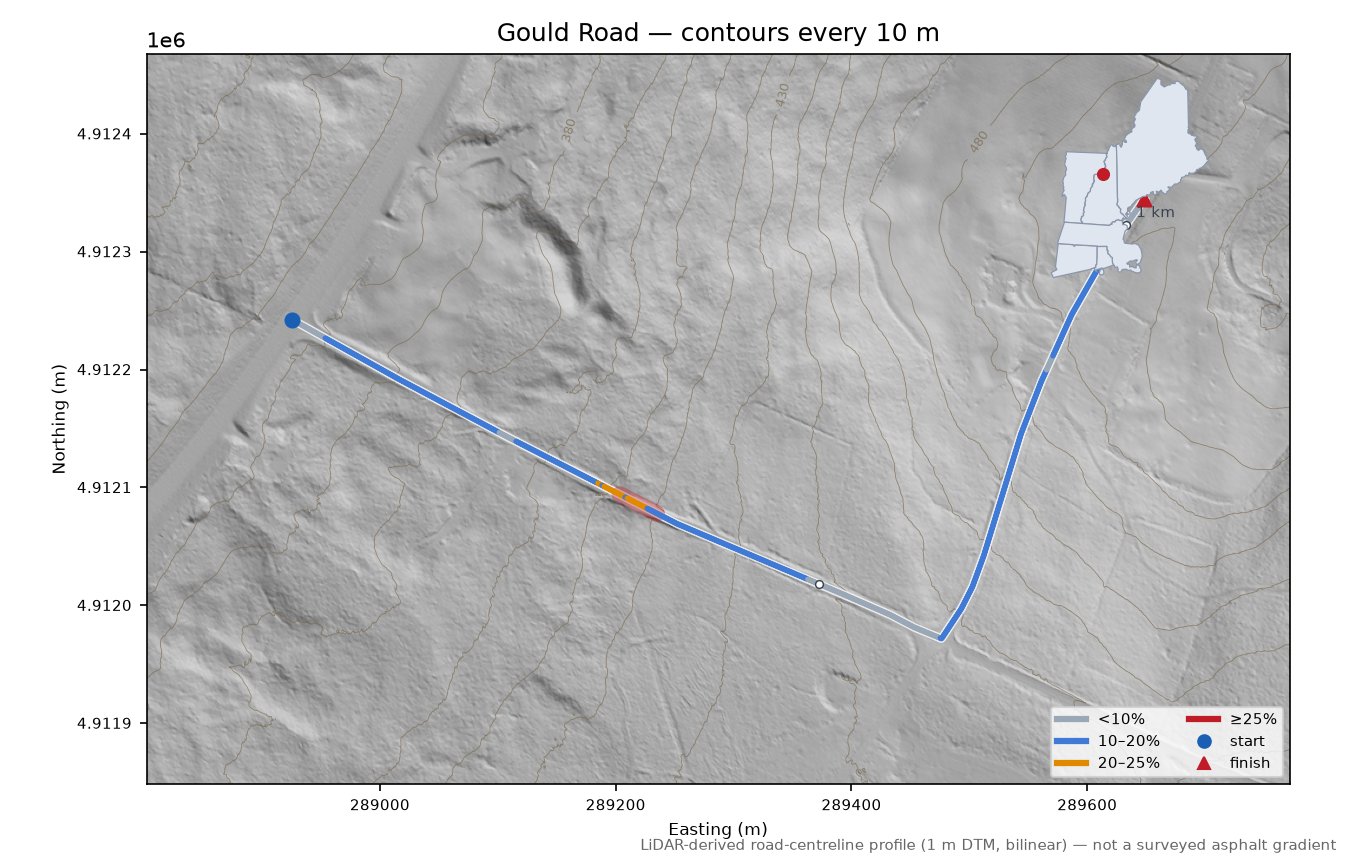 Gould Road LiDAR hillshade map with contours